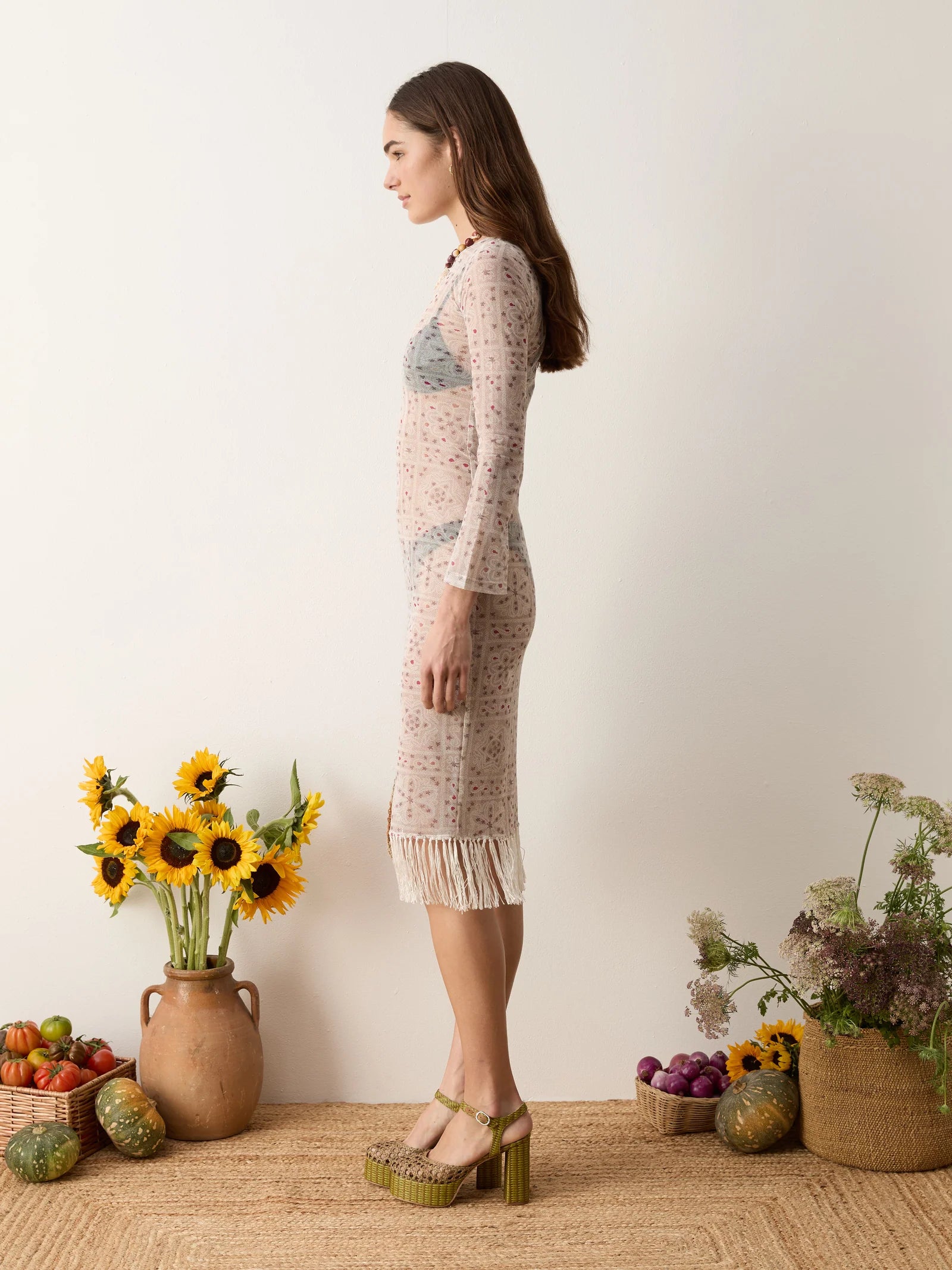 FOLKORA LONG SLEEVE FRINGE DRESS