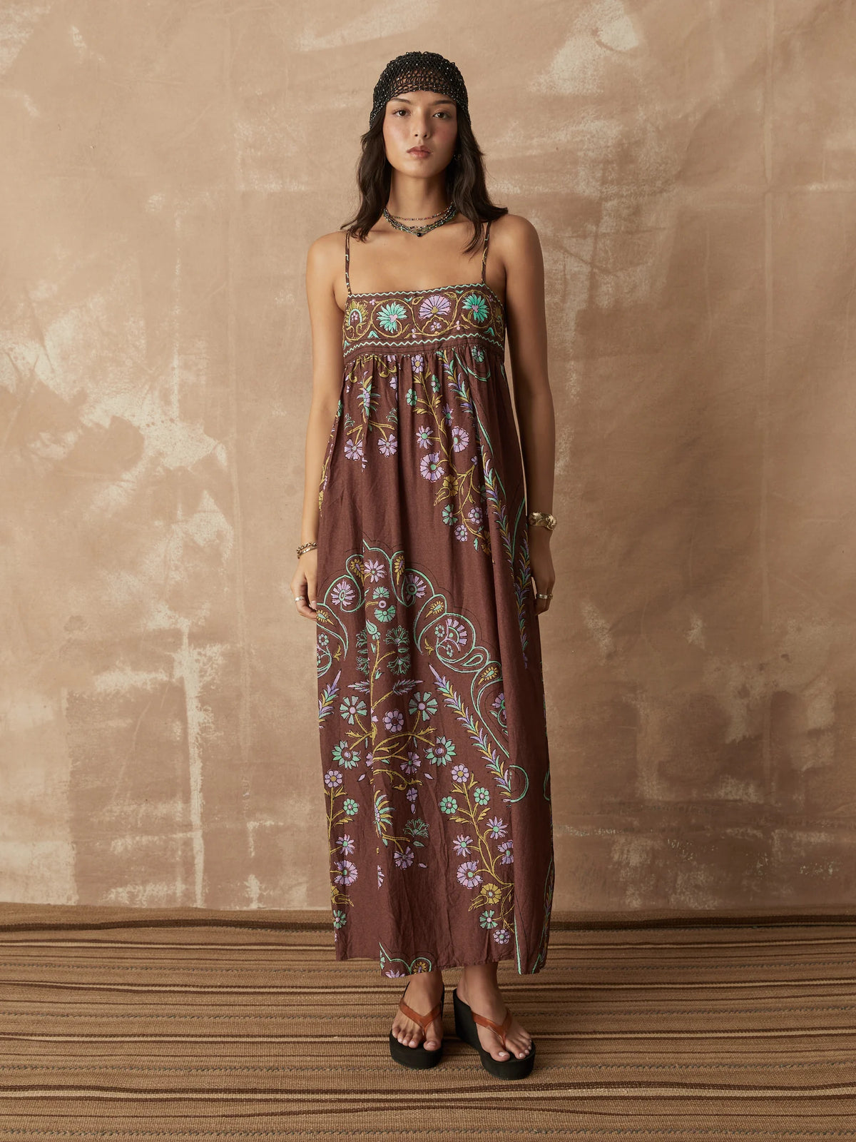 bodice maxi dress DARJEELING Beaded mesh overlay with Nomia Long Sleeve Maxi Color:Ivory/Blush/Multi season_SS25