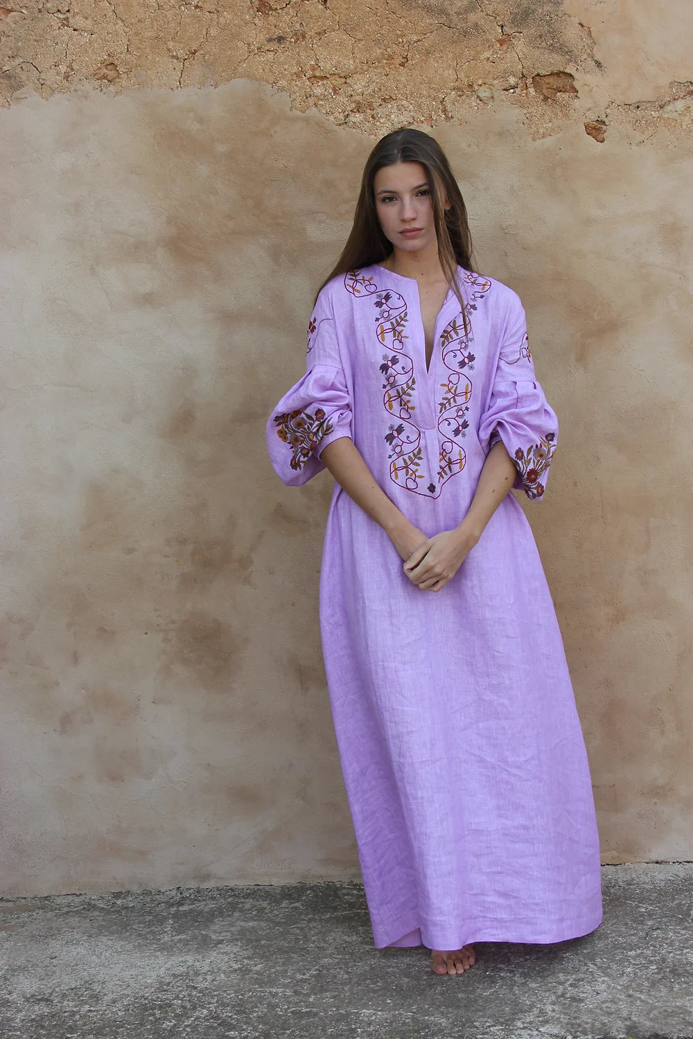 HANDWOVEN LINEN EMBROIDERED DRESS LILAC HANDWOVEN LINEN EMBROIDERED DRESS LILAC