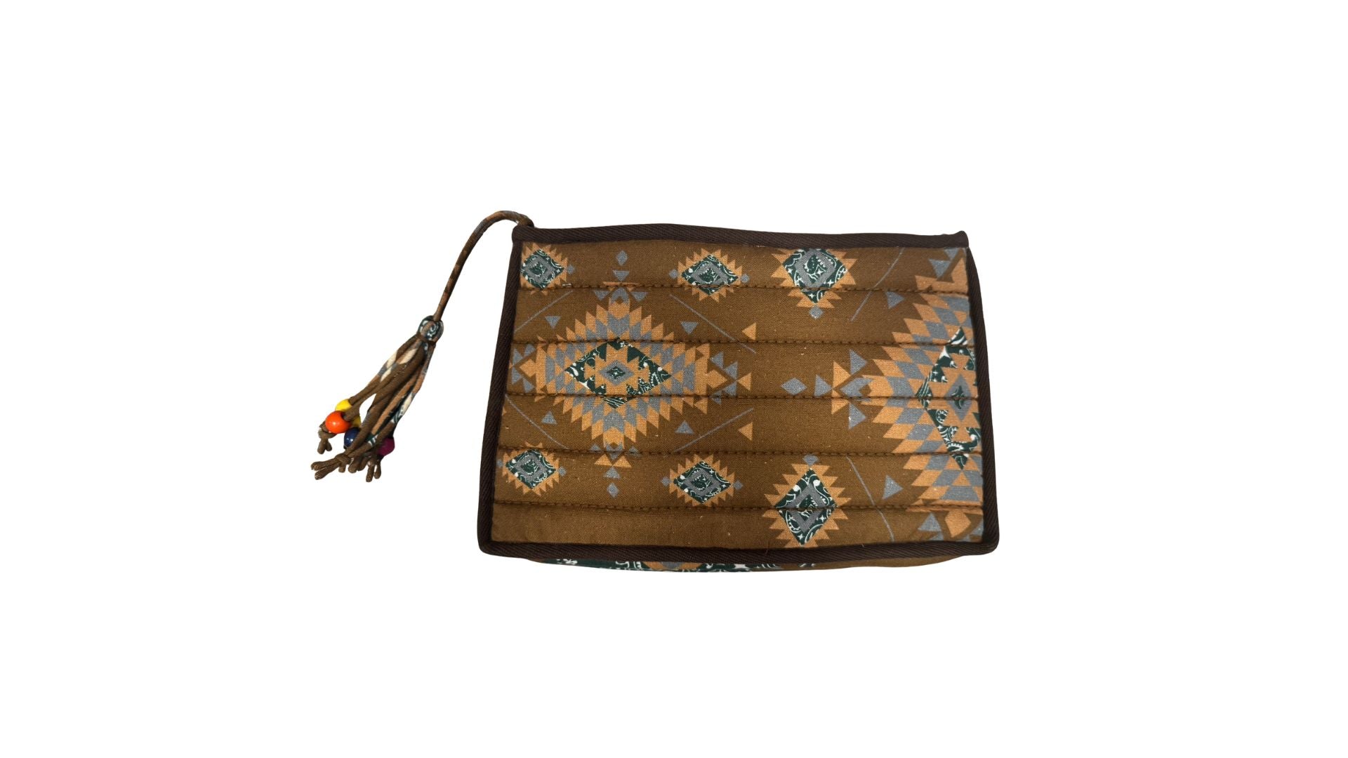 Arizona Love Addie Pouch in gold and turquoise woven jacquard with leather trim and beaded tassel