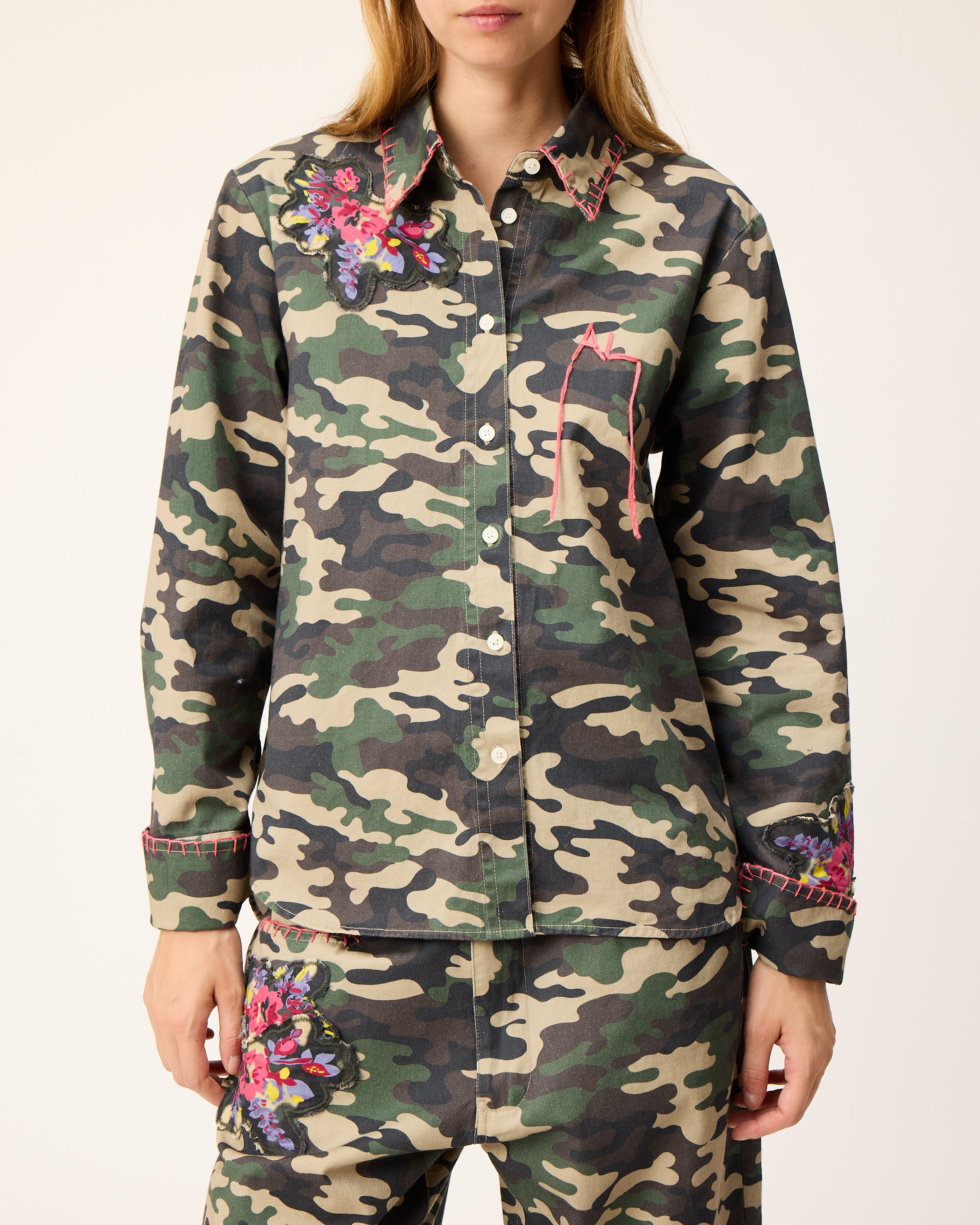 Arizona Love Amina Shirt, olive camouflage cotton overshirt with pink floral embroidery at the shoulder
