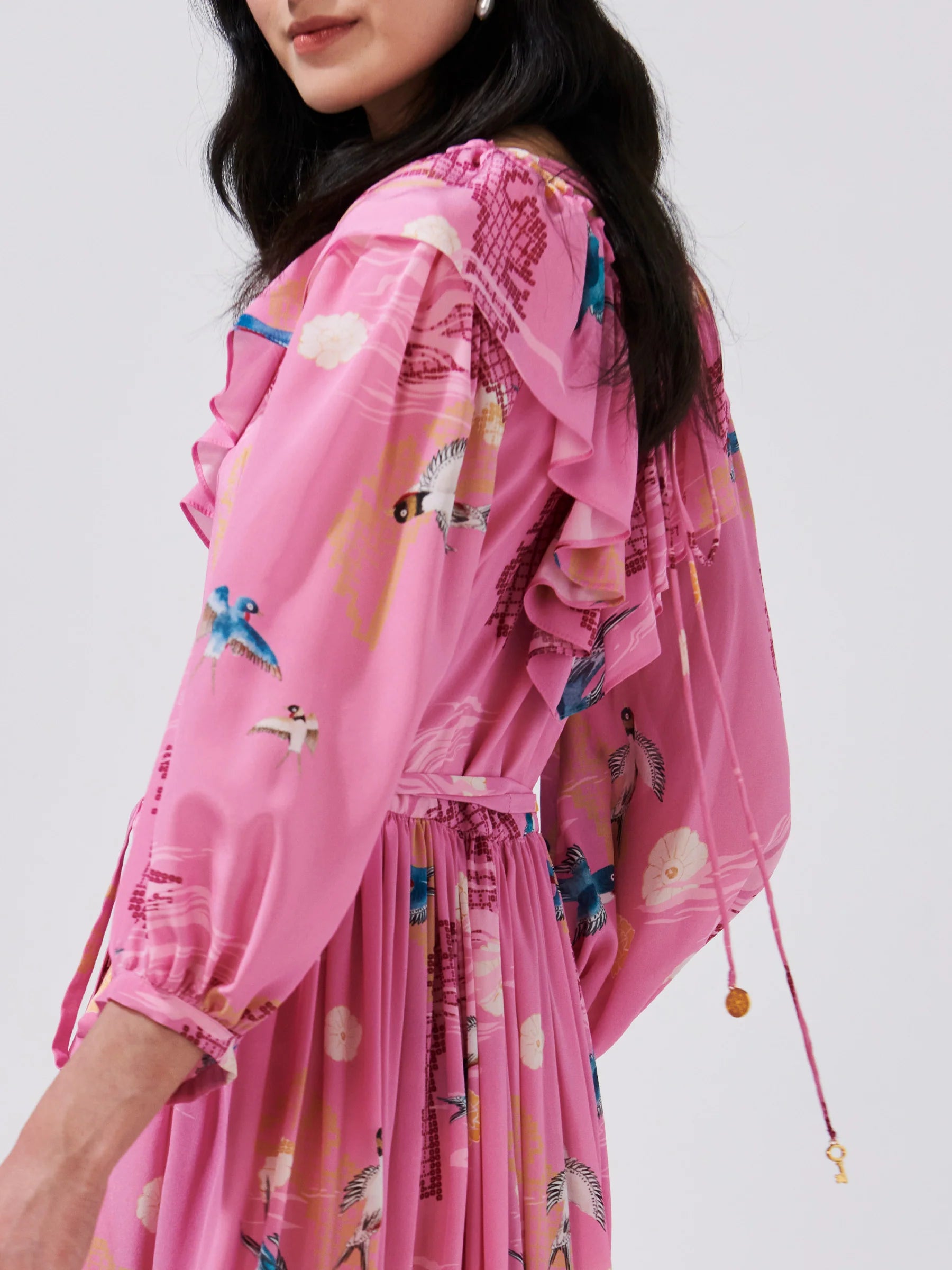 Charming Birds V Neck Frill Silk Maxi Dress