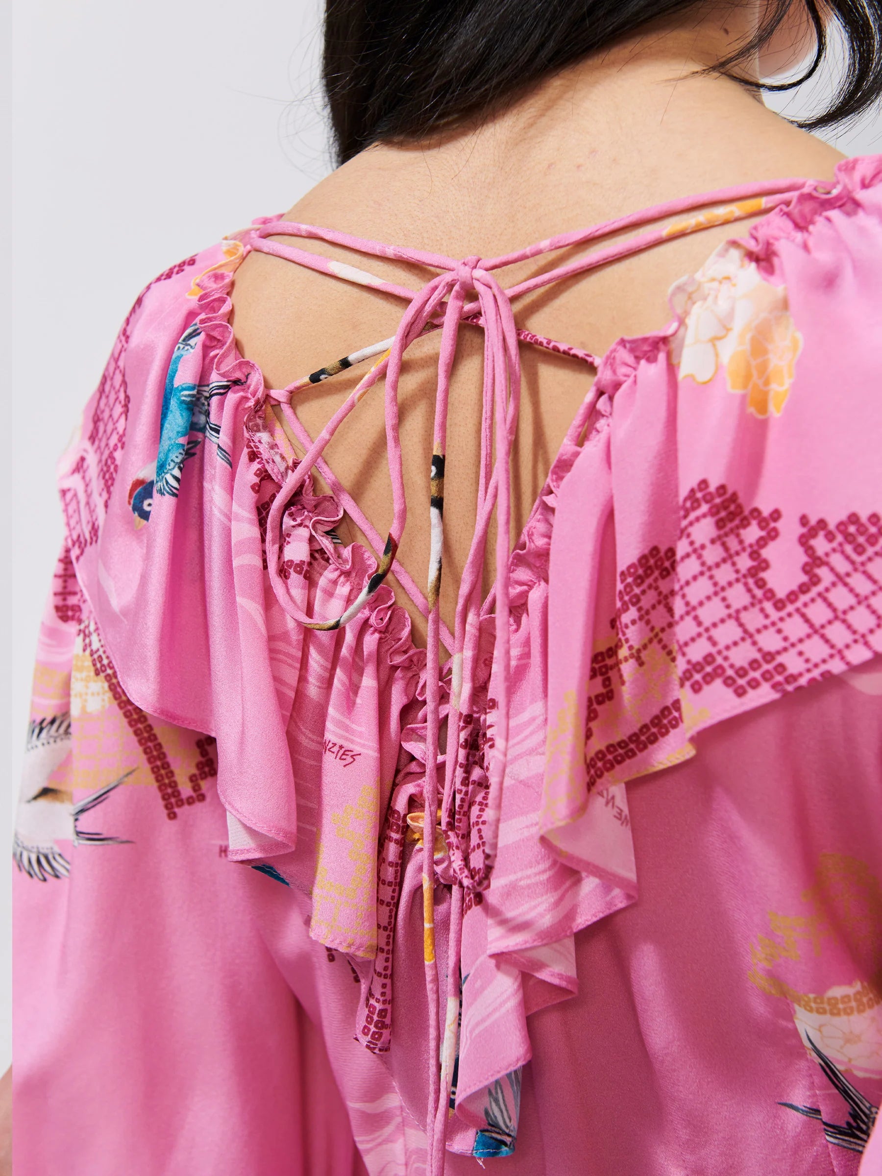 Charming Birds V Neck Frill Silk Maxi Dress