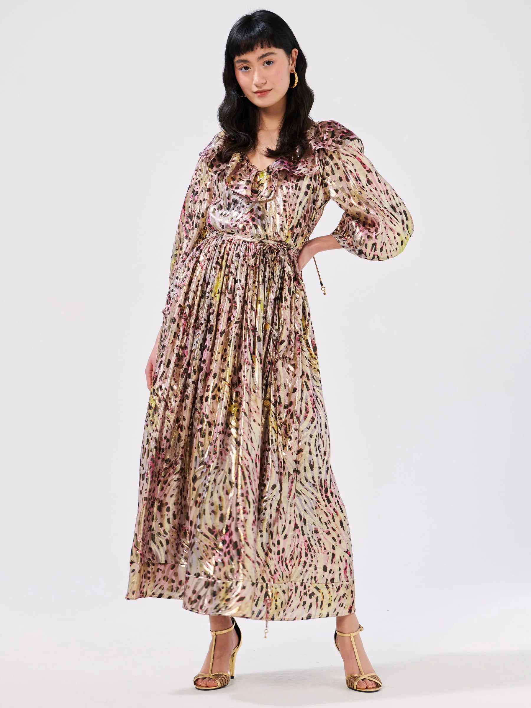 Hypnotic Cheetah V Neck Frill Silk Lurex Jacquard Maxi Dress