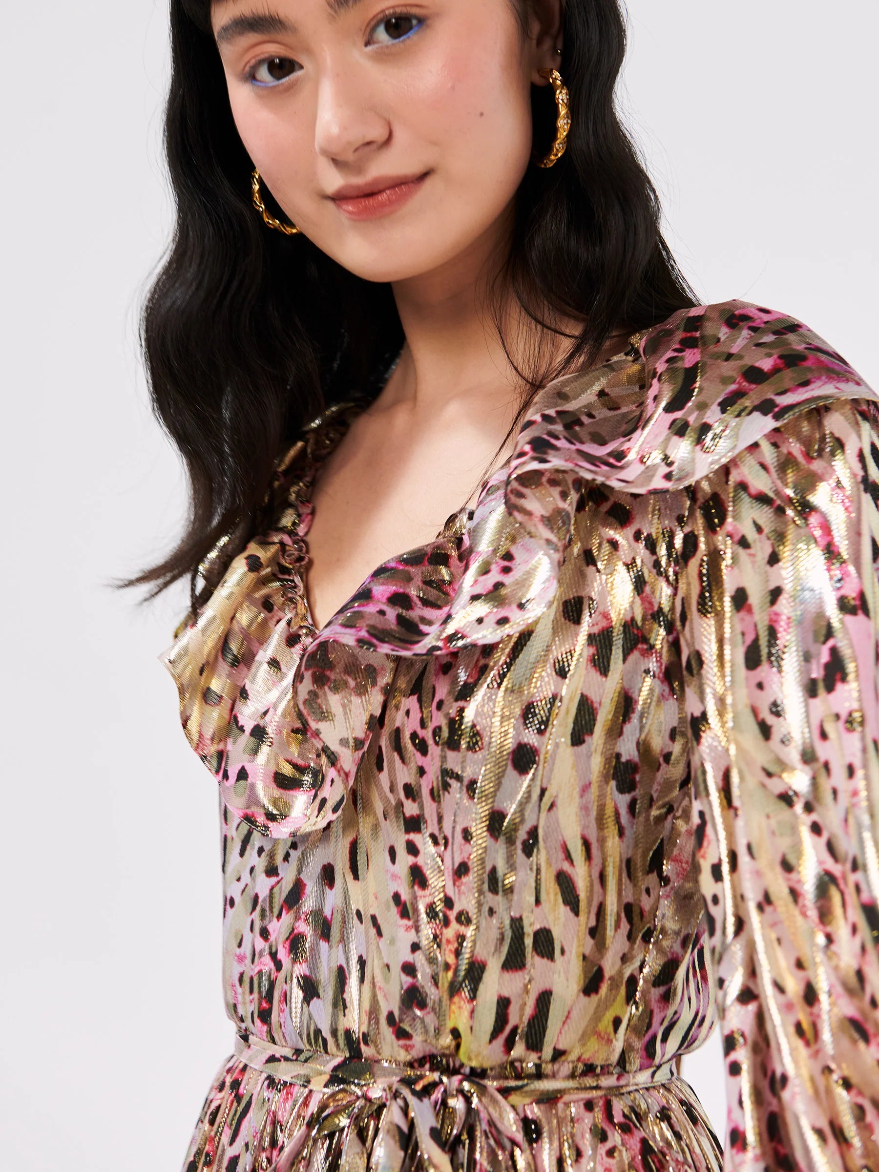 Hypnotic Cheetah V Neck Frill Silk Lurex Jacquard Maxi Dress