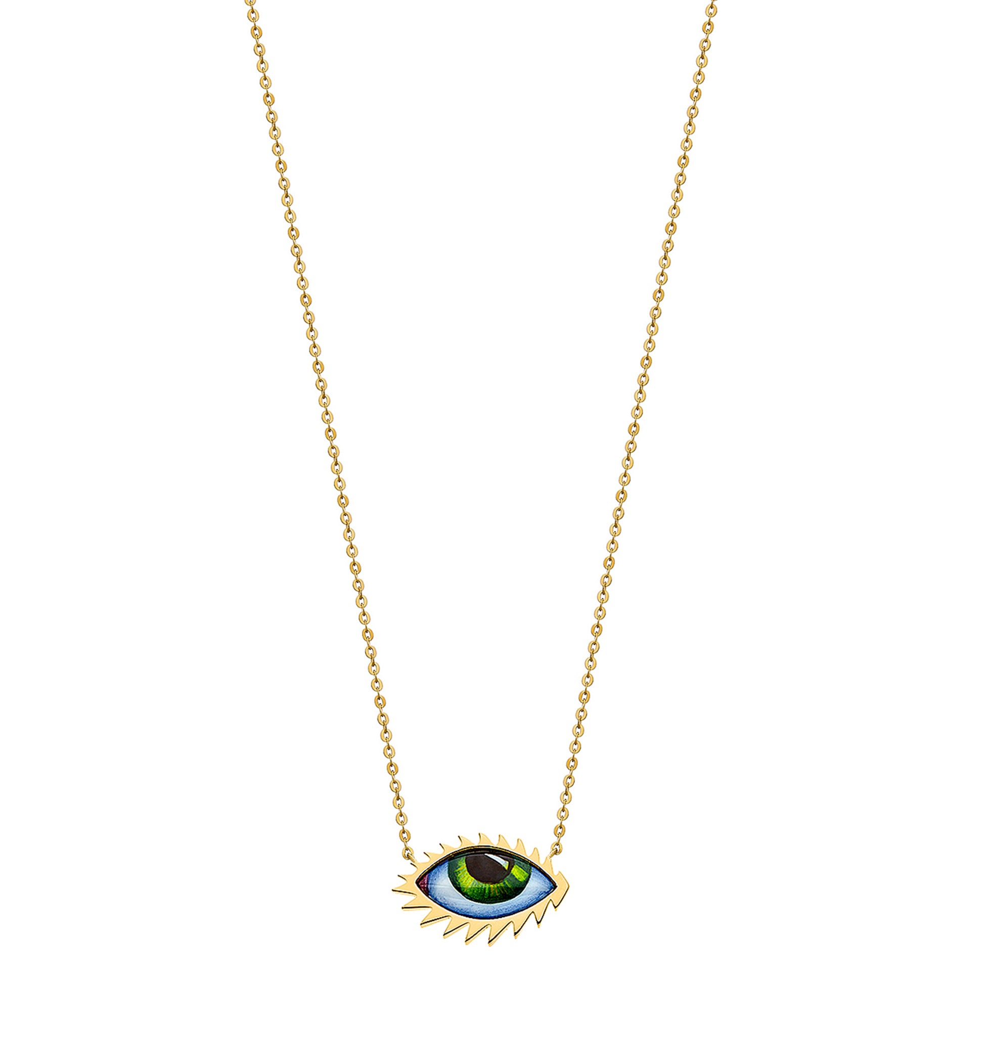 Gold necklace with an eye-shaped pendant on a white background