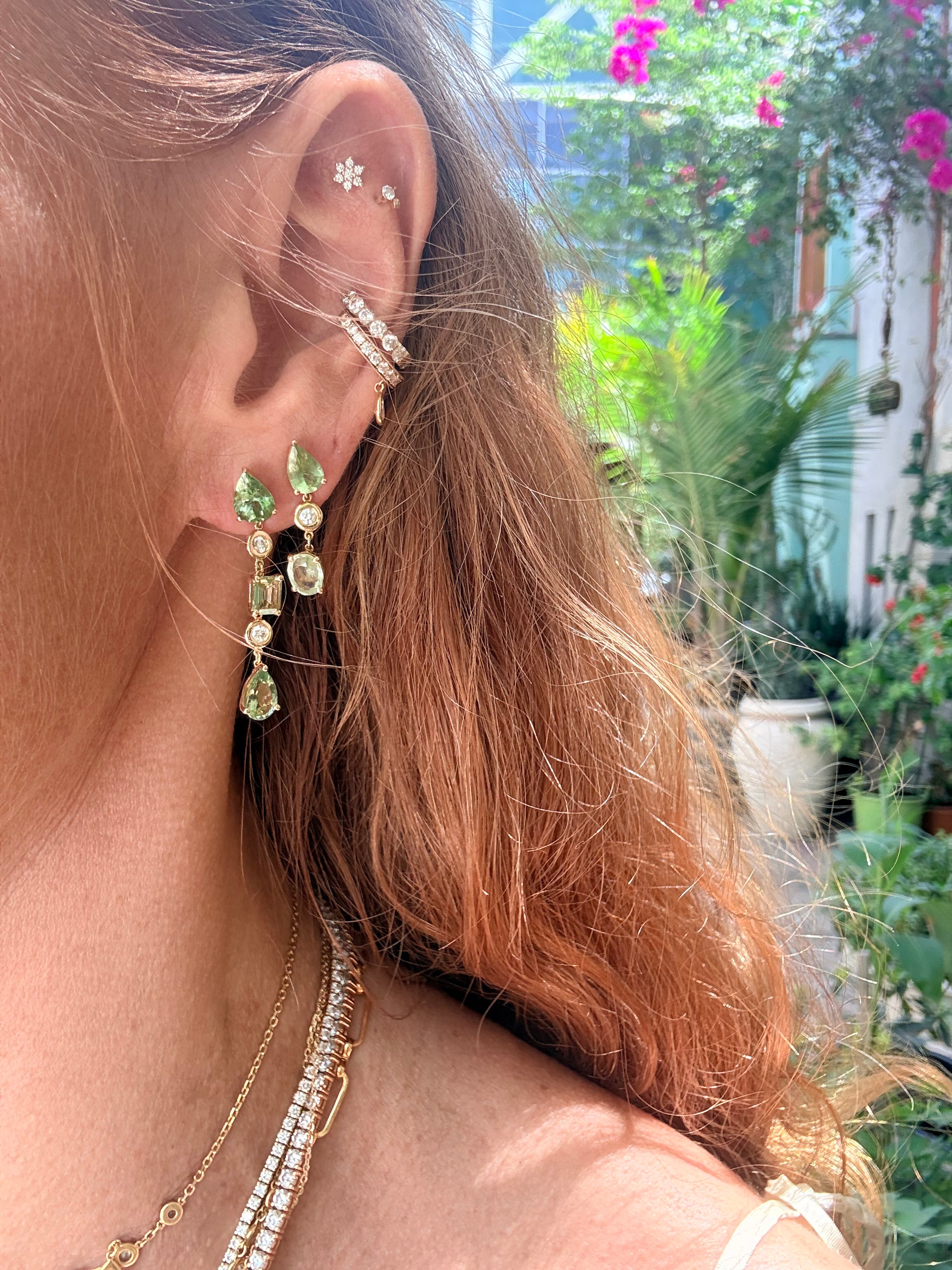 18K GOLD MULTI-SHAPE GREEN TOURMALINE AND DIAMOND DROP EARRING