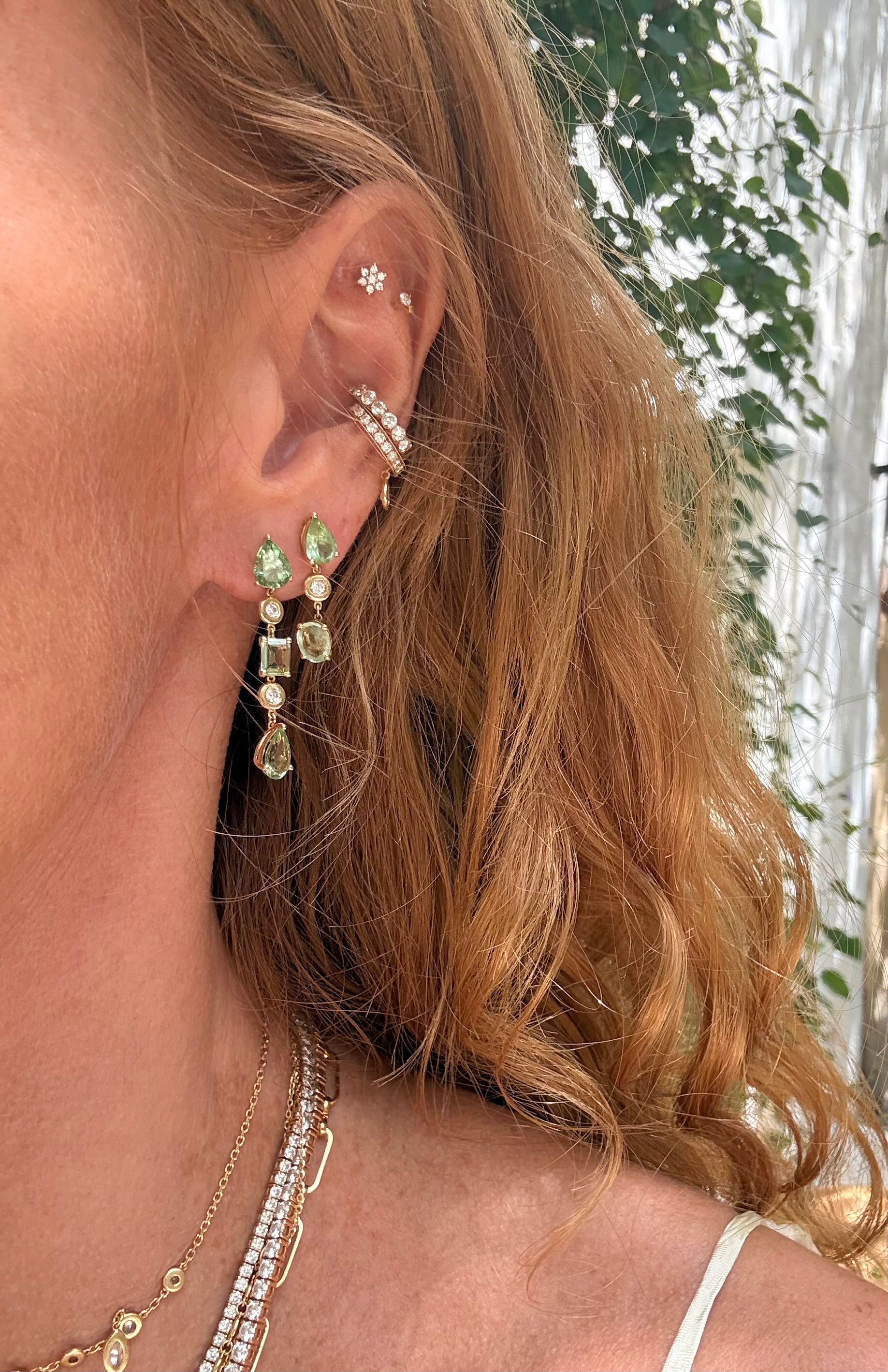 18K GOLD MULTI-SHAPE GREEN TOURMALINE AND DIAMOND DROP EARRING