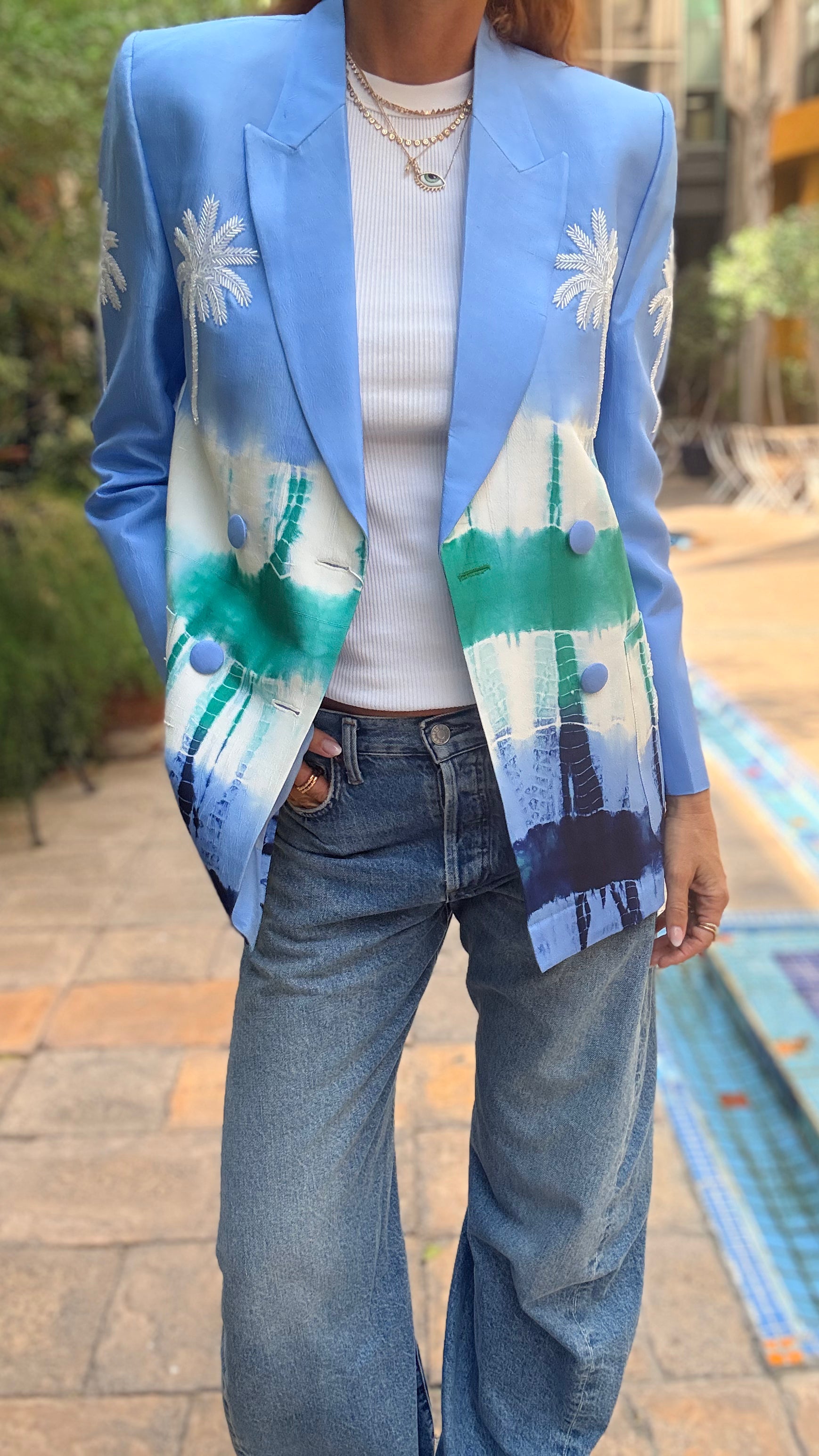Sea blue tie dye silk blazer