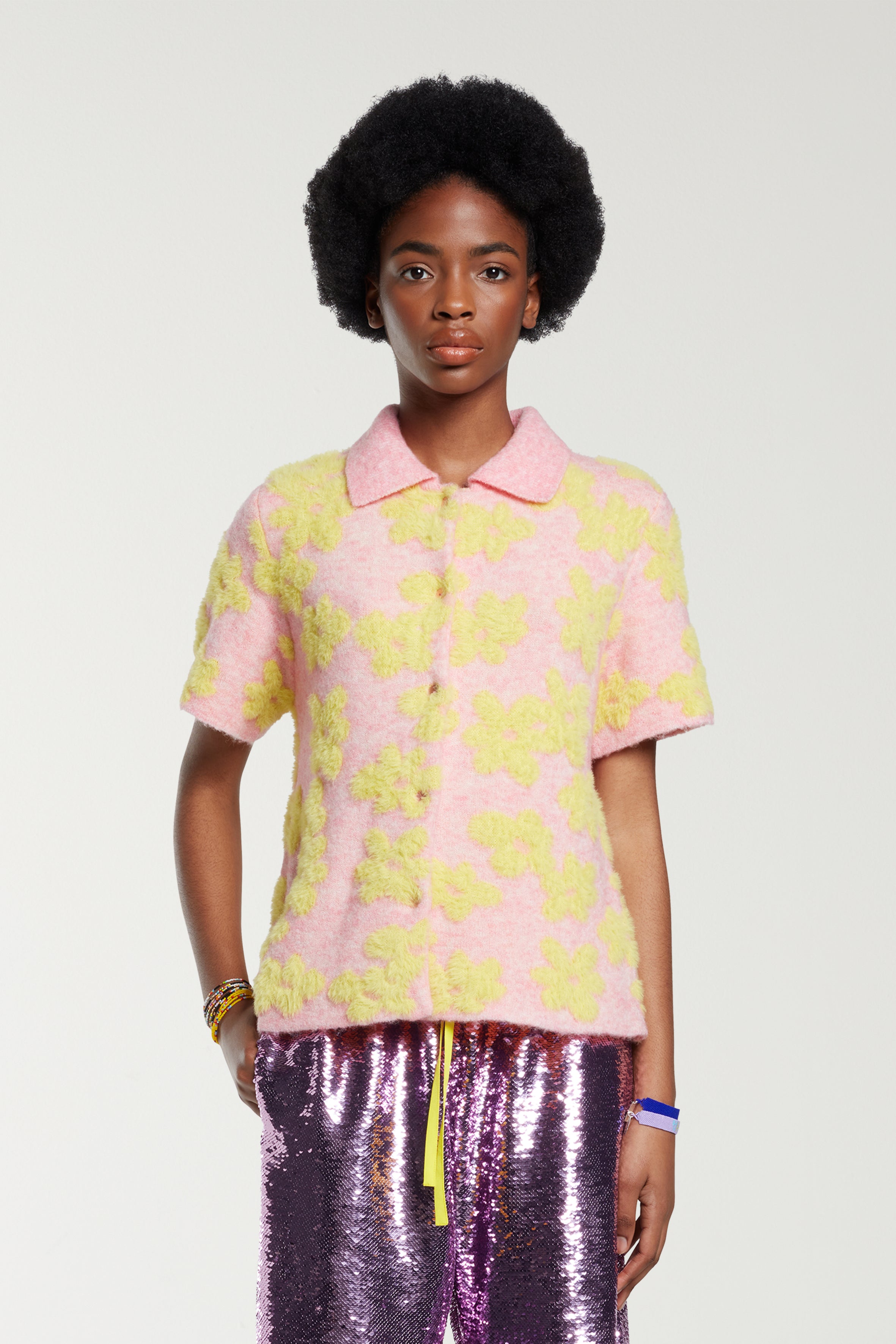 Flower Intarsia Knit Shirt