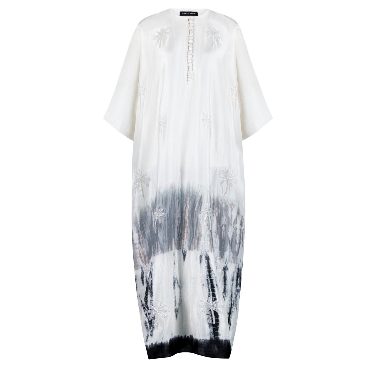 White and grey tie dye kaftan with tassel palm trees