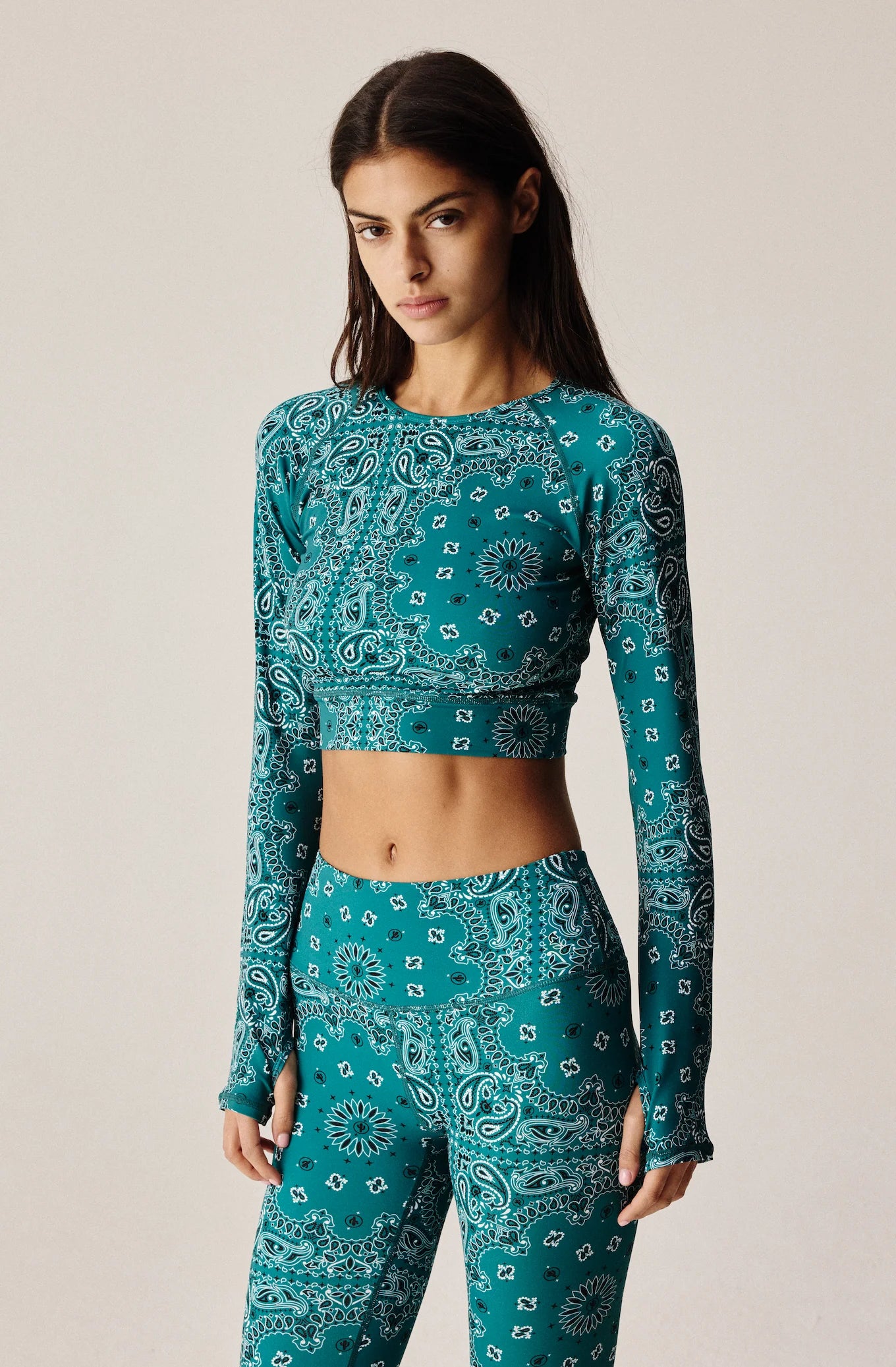 YOGA LONG SLEEVE TOP TEAL BANDANA