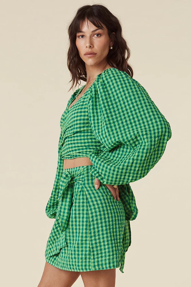 Pixie Gingham Wrap Top