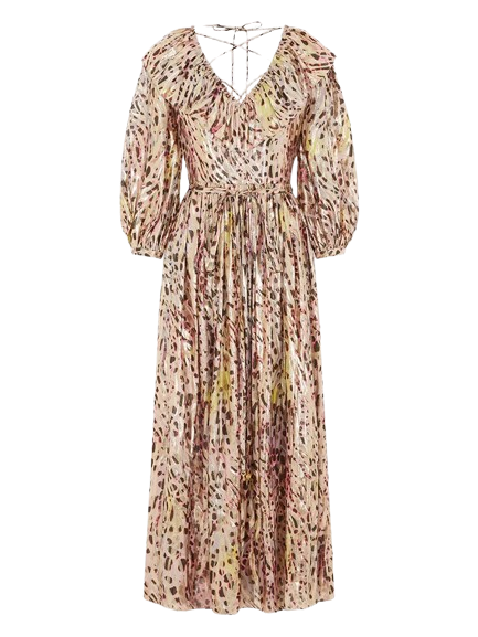 Hypnotic Cheetah V Neck Frill Silk Lurex Jacquard Maxi Dress