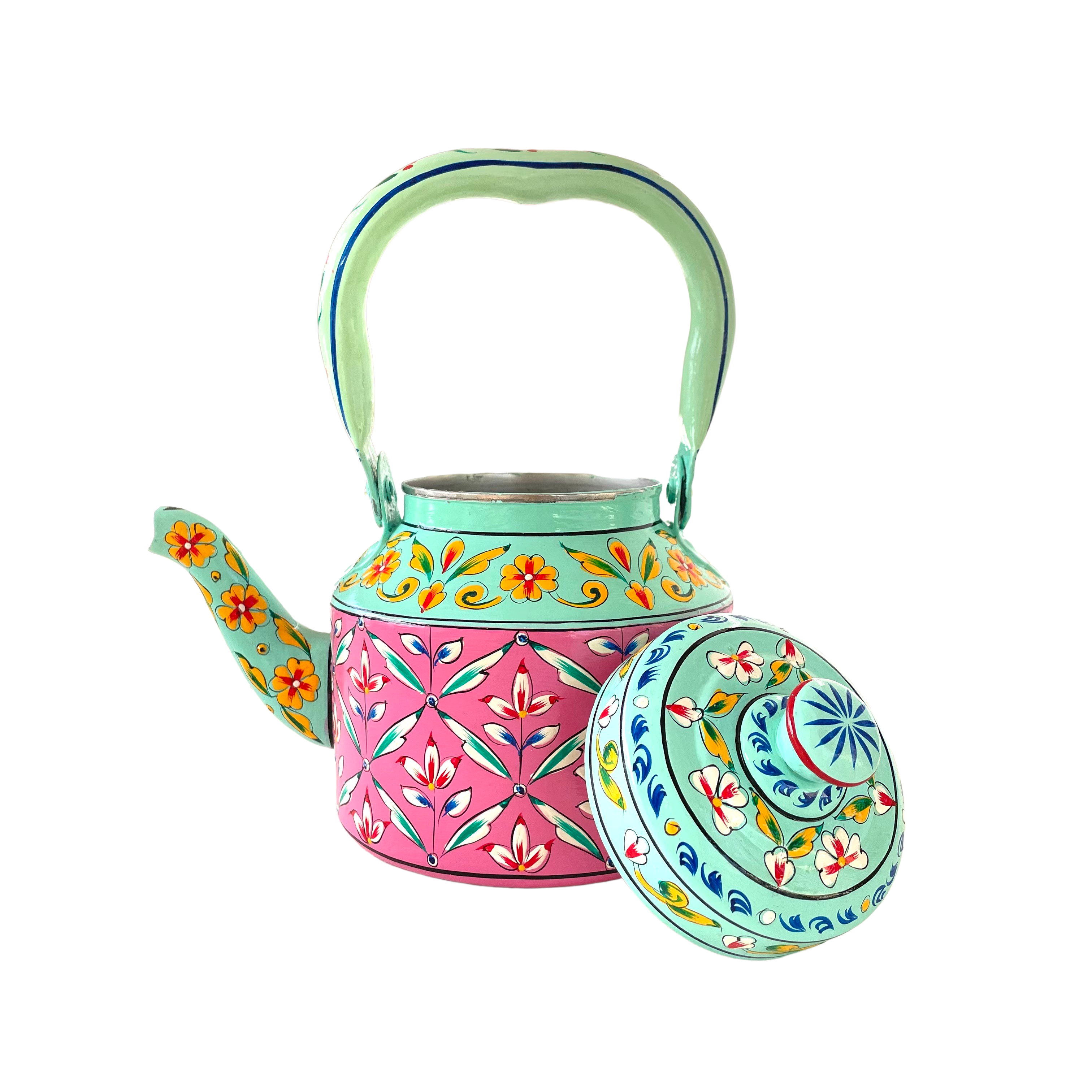 Ragamala - Hand Painted Chai Kettle Teapot in Green, Gold, & Red