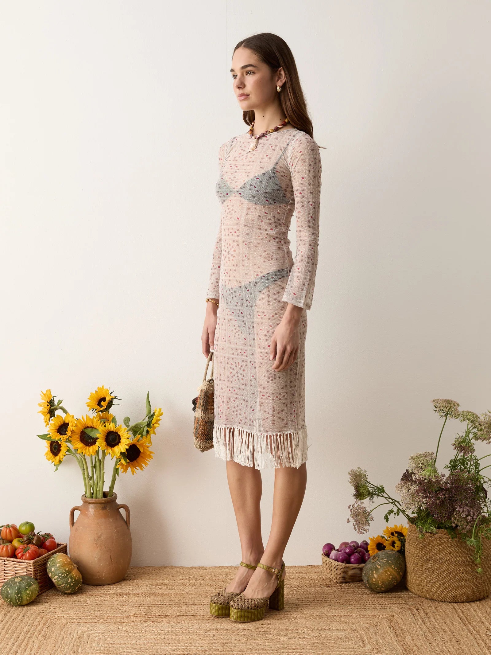 FOLKORA LONG SLEEVE FRINGE DRESS