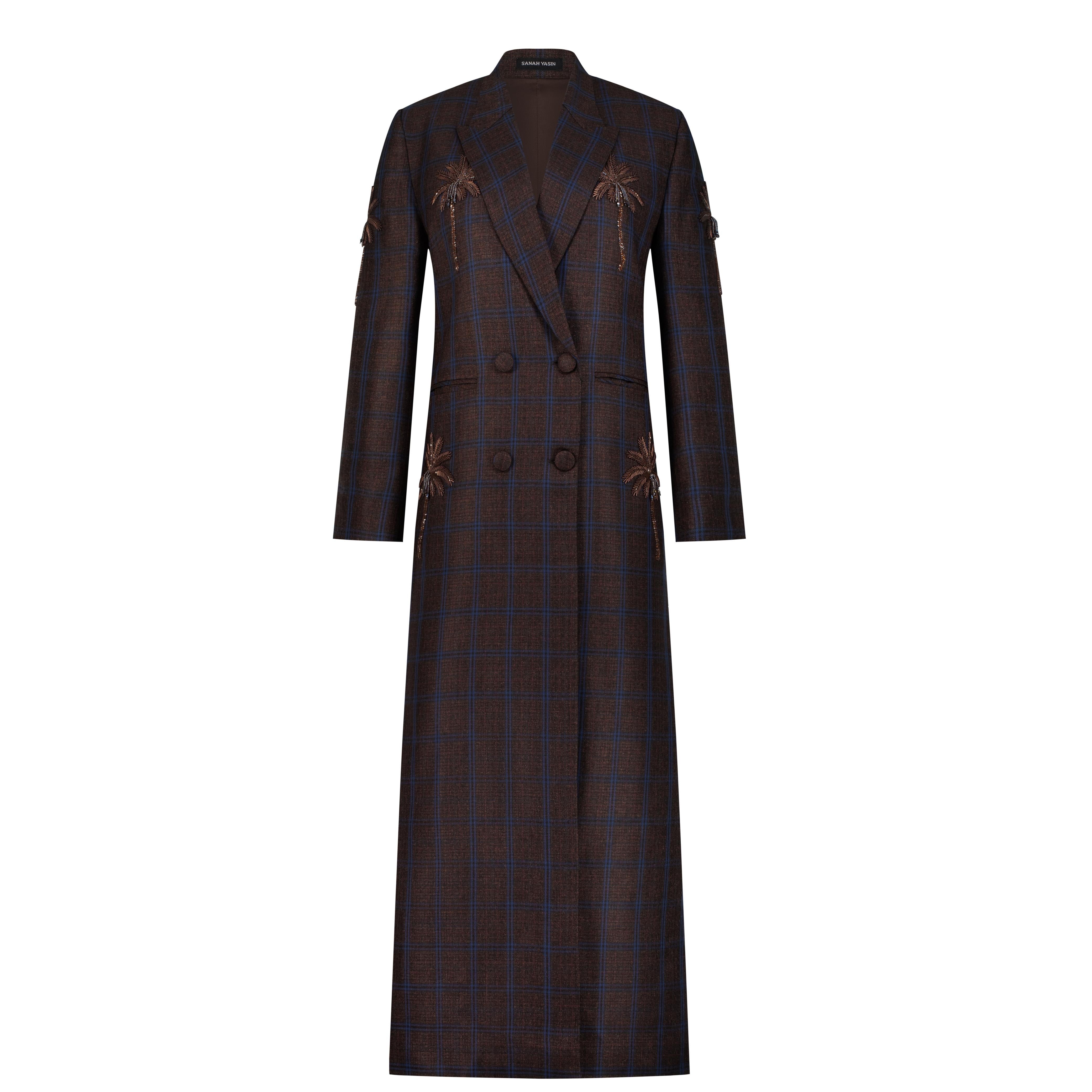 LONG BLAZER COAT BROWN AND BLUE CHECKER