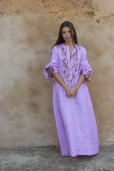 HANDWOVEN LINEN EMBROIDERED DRESS LILAC