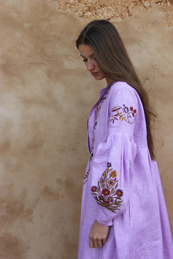 HANDWOVEN LINEN EMBROIDERED DRESS LILAC