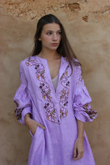 HANDWOVEN LINEN EMBROIDERED DRESS LILAC