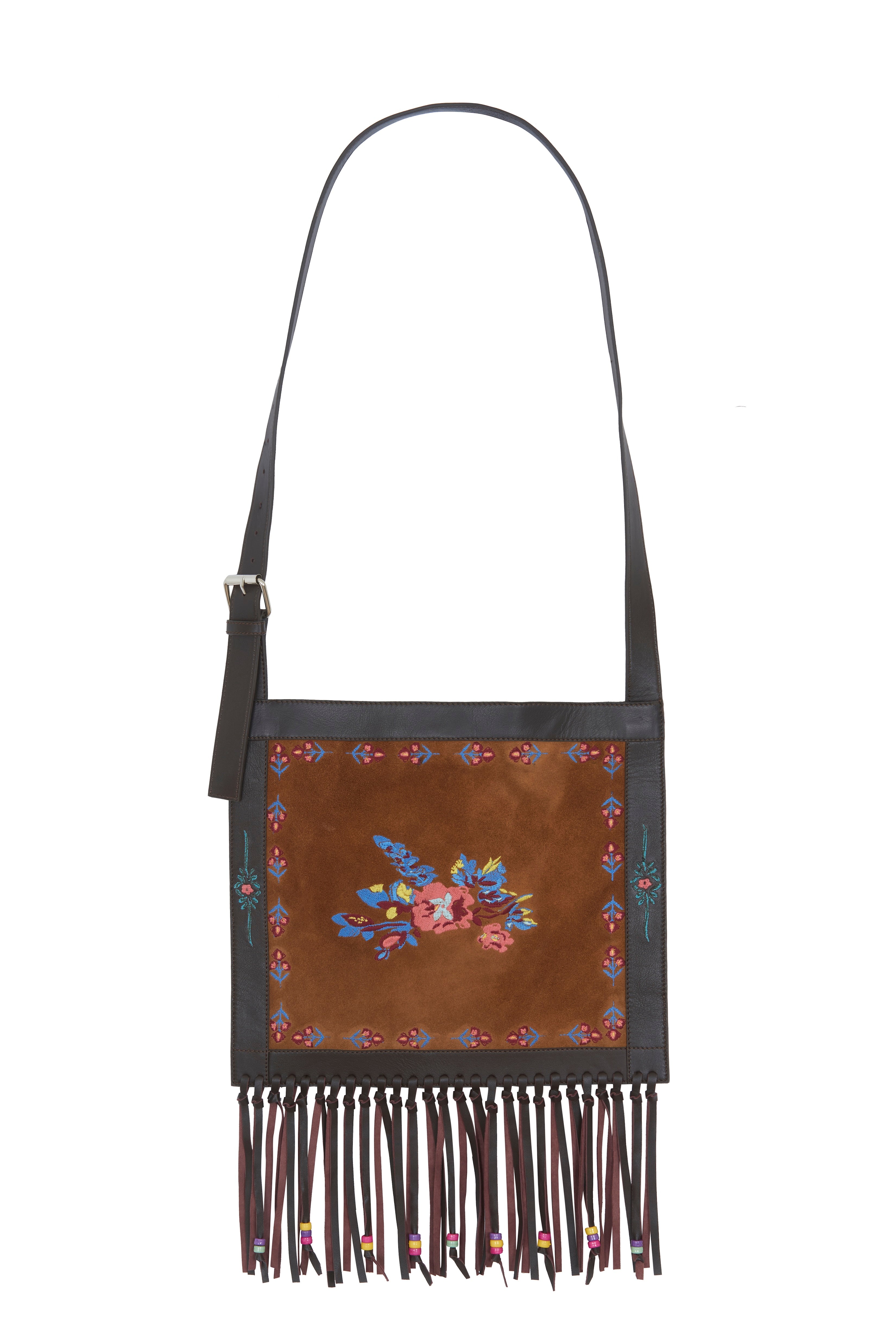 Arizona Love Adil Bag, brown suede crossbody with floral embroidery, stud detail and fringed base