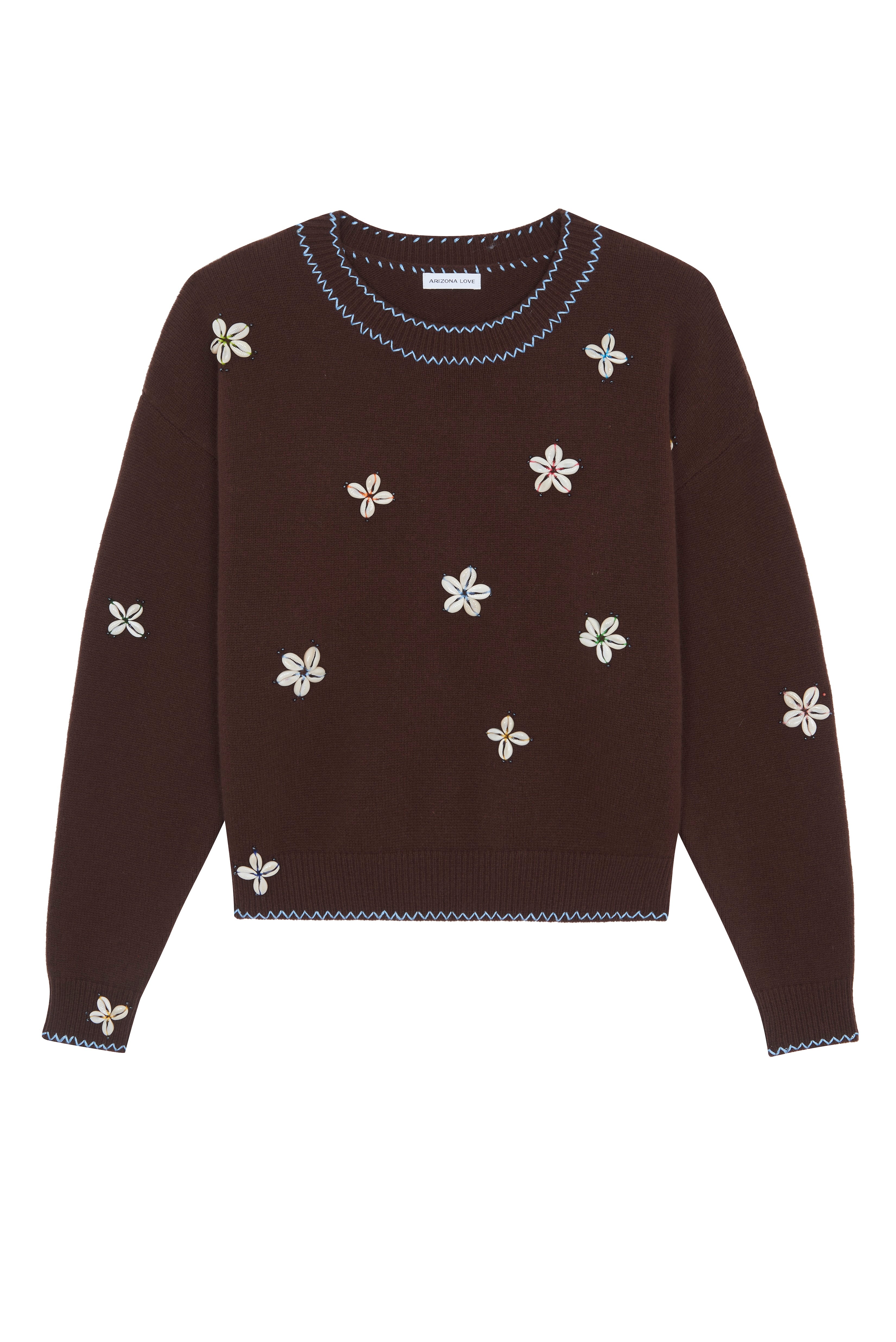 Arizona Love Aliou Knitwear, brown wool crewneck sweater with cream shell appliqués