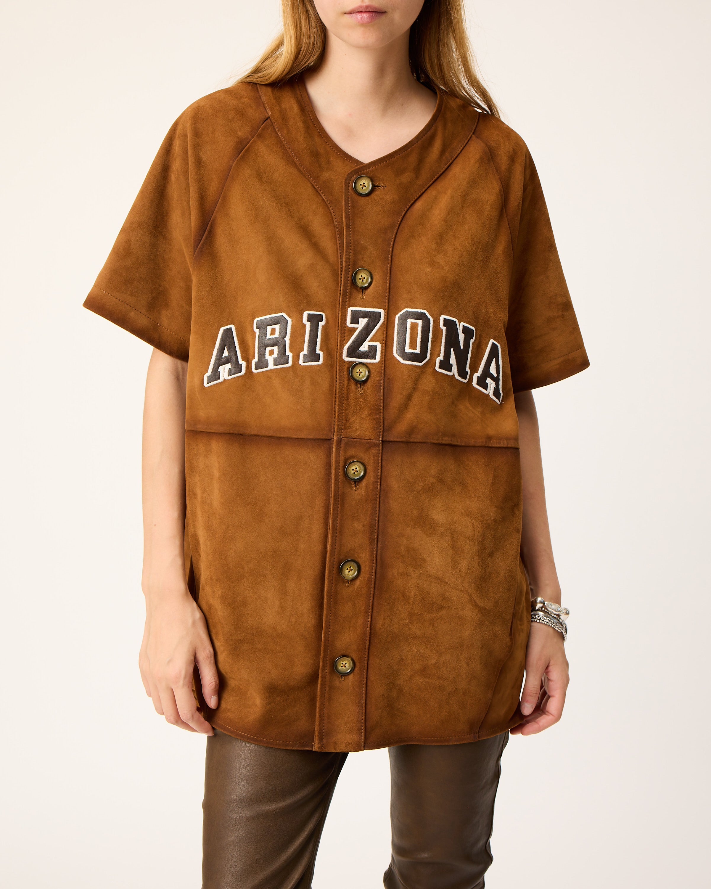 Arizona Love Anila Shirt, oversized tobacco suede baseball shirt with ARIZONA appliqué lettering
