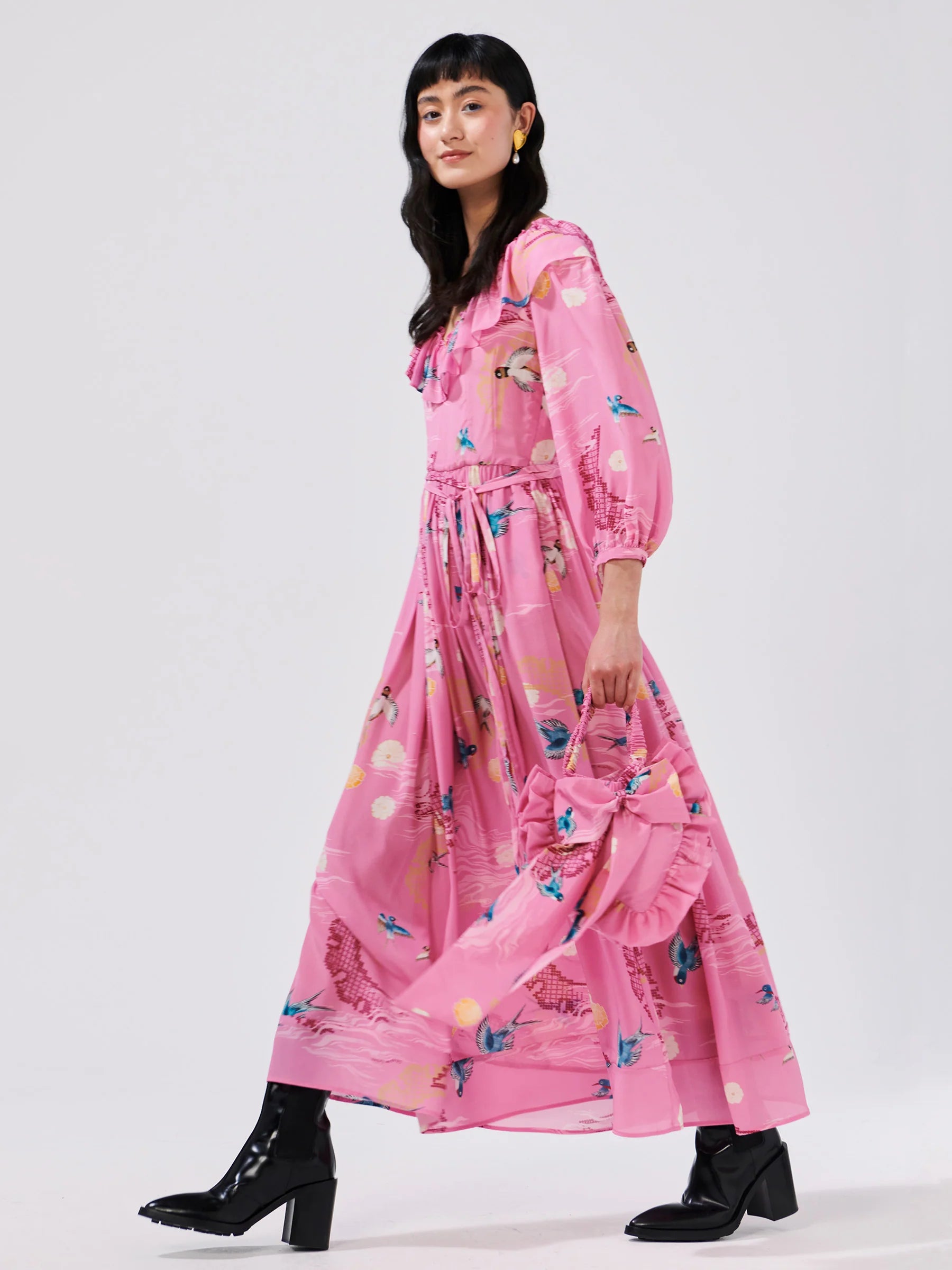 Charming Birds V Neck Frill Silk Maxi Dress