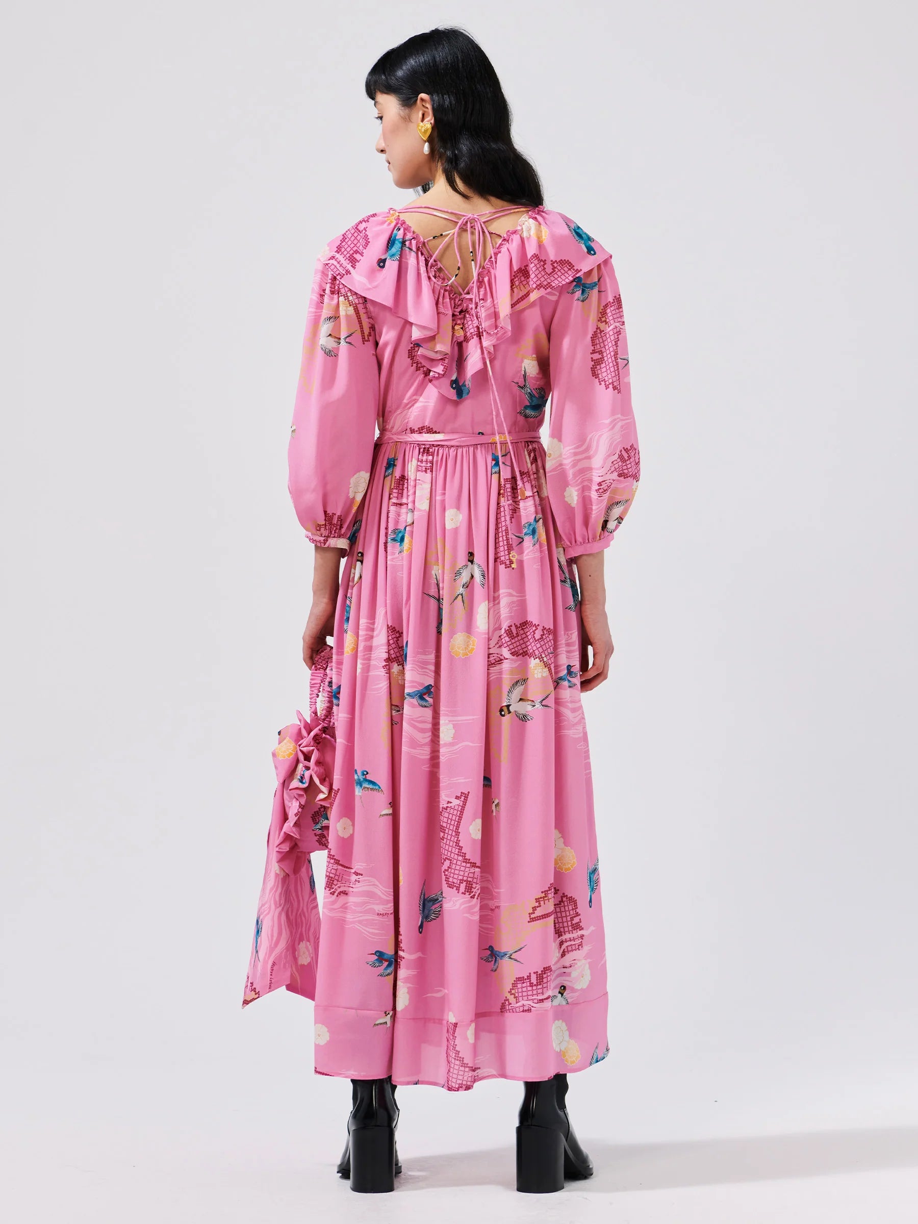 Charming Birds V Neck Frill Silk Maxi Dress