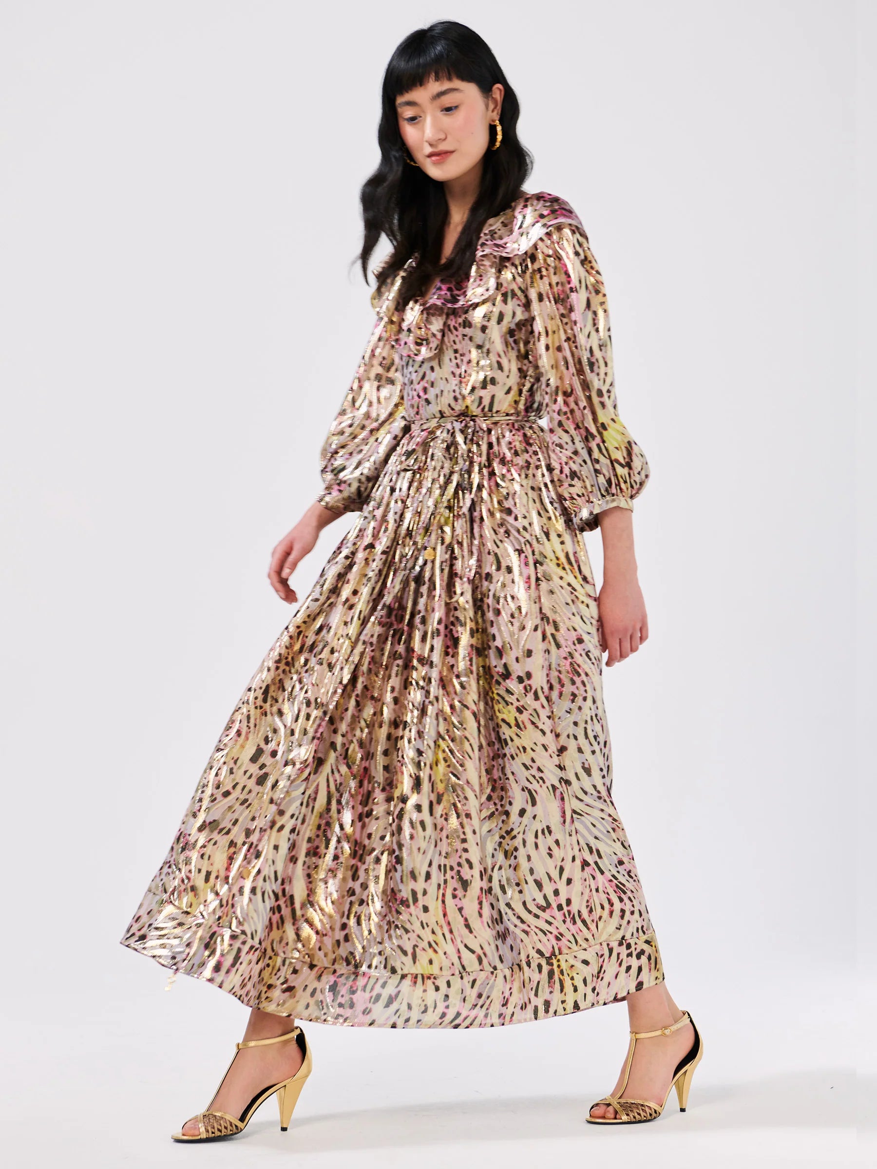 Hypnotic Cheetah V Neck Frill Silk Lurex Jacquard Maxi Dress