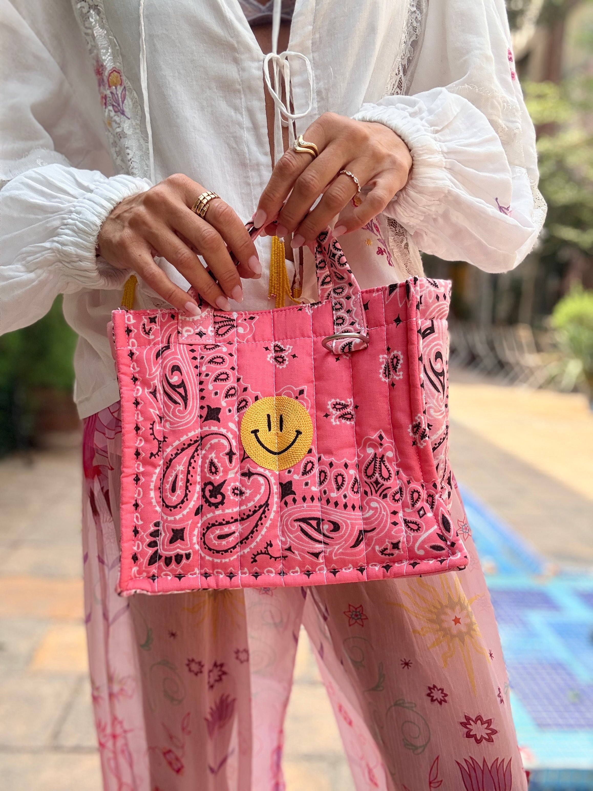 MINI TOTE- HAPPY - STRAWBERRY/PALE PINK