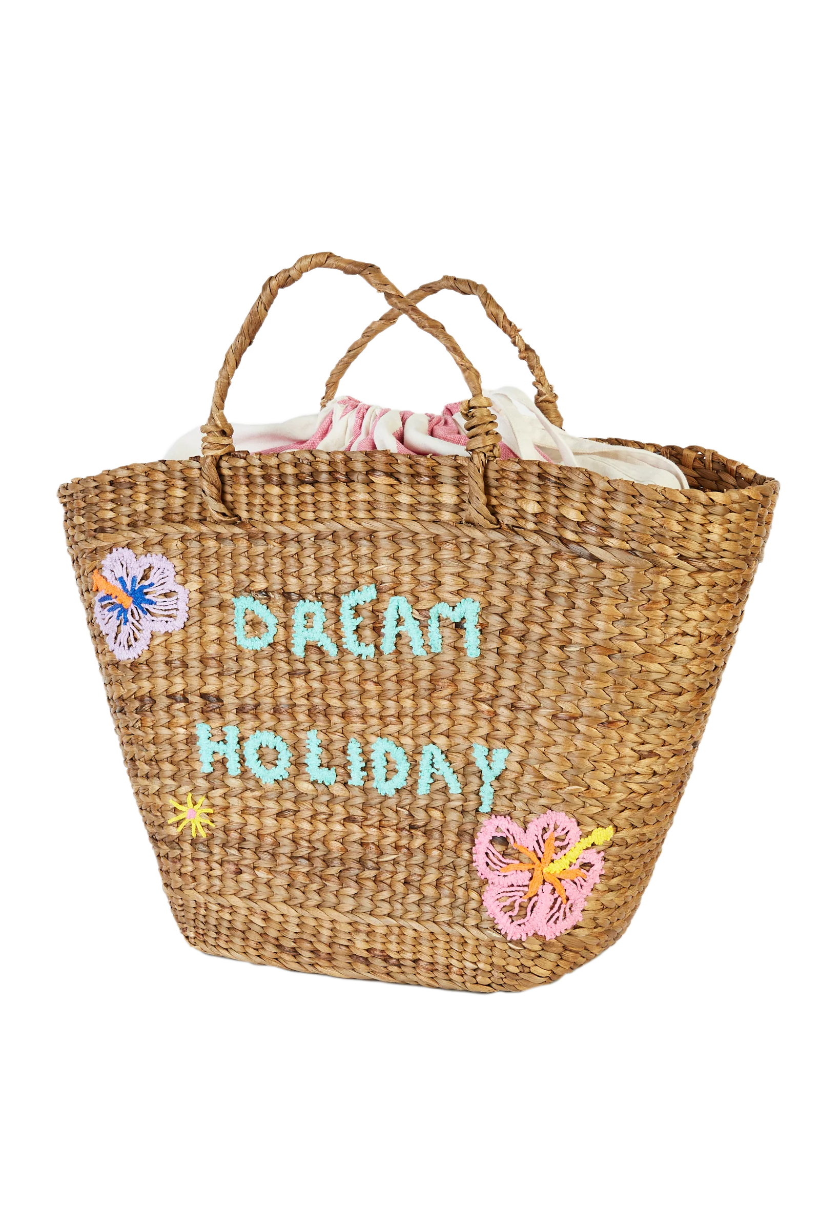 EMBROIDERED HYACINTH LEAF BASKET WITH PINK STRIPES