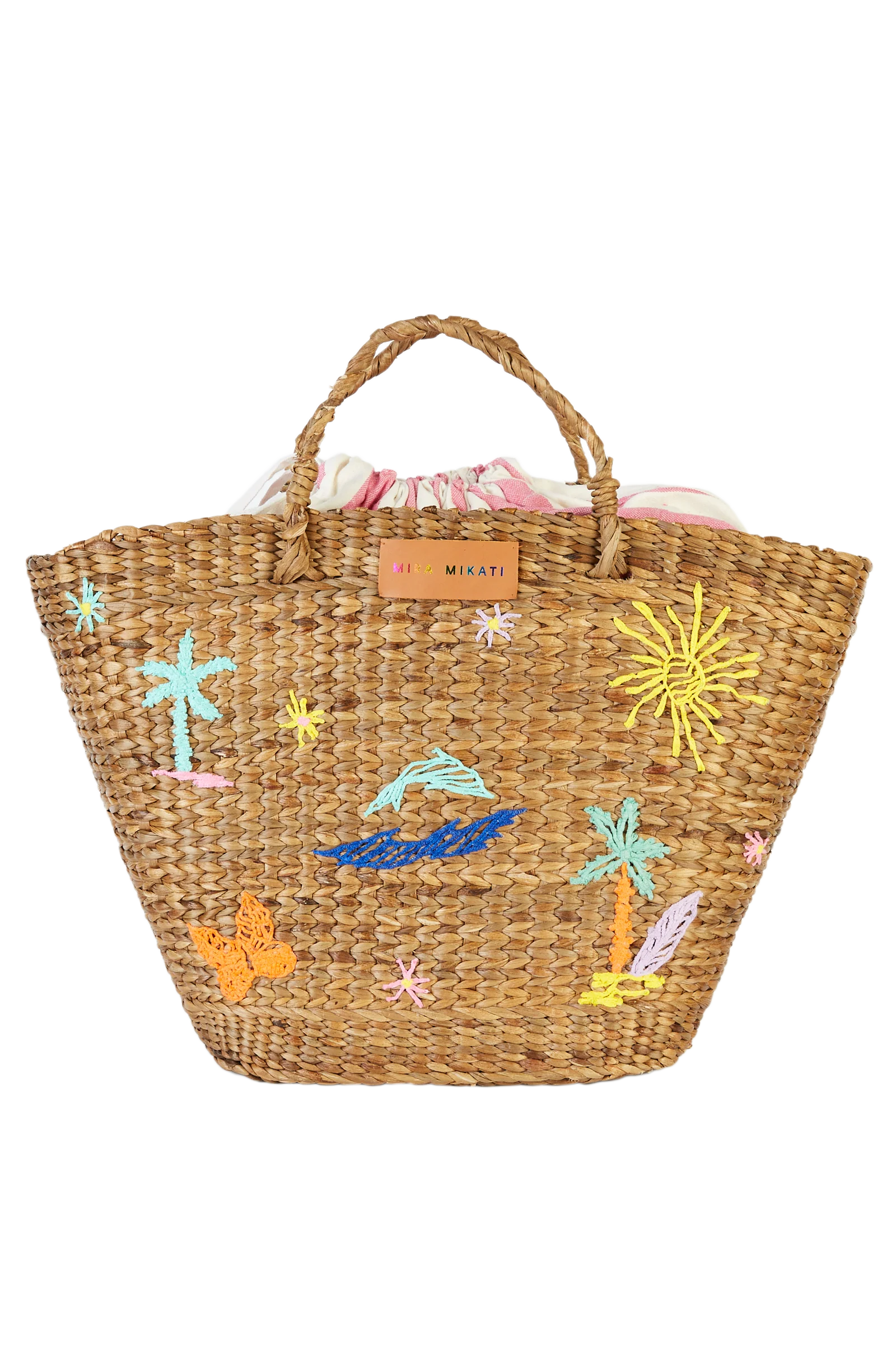 EMBROIDERED HYACINTH LEAF BASKET WITH PINK STRIPES
