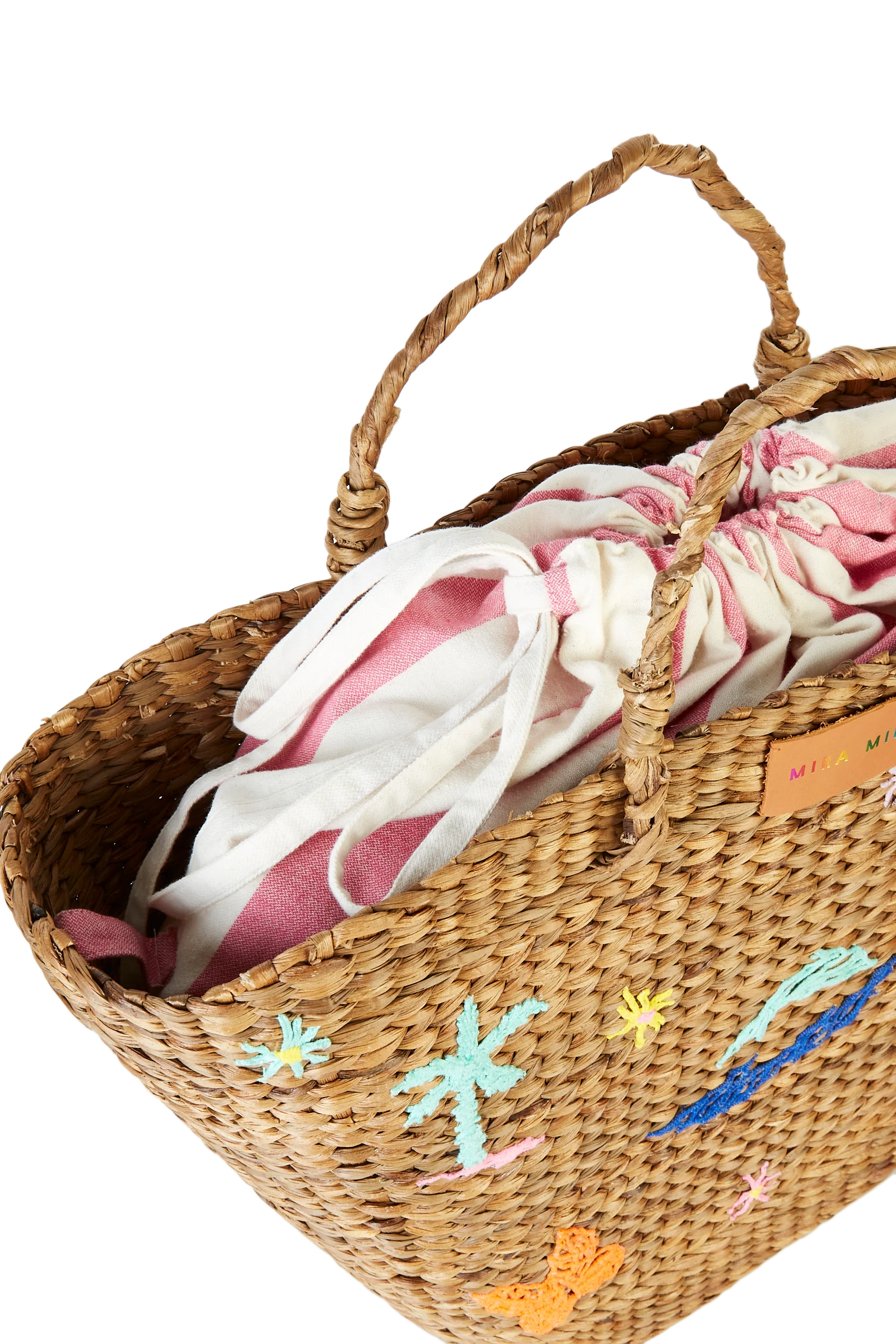 EMBROIDERED HYACINTH LEAF BASKET WITH PINK STRIPES