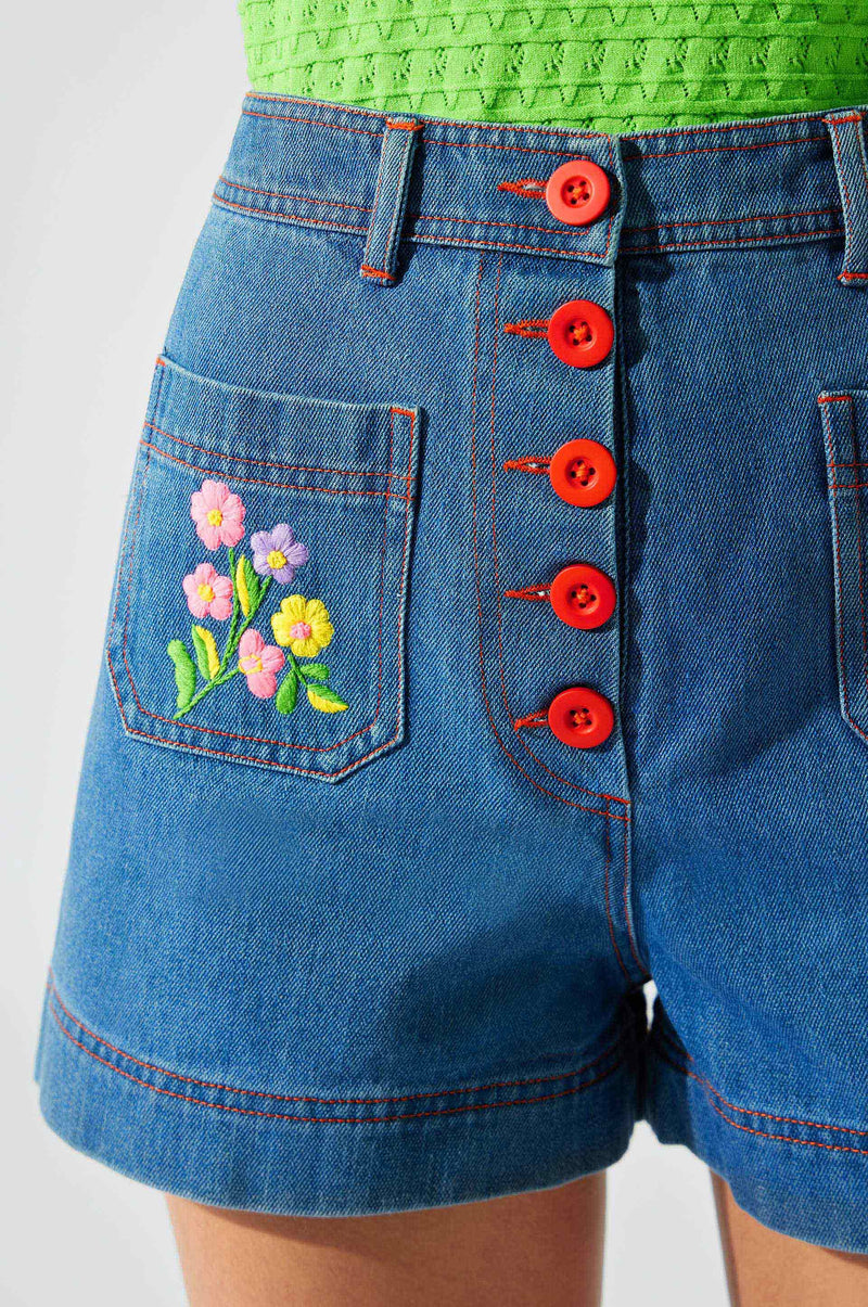 Denim Flower Embroidered Shorts Blue