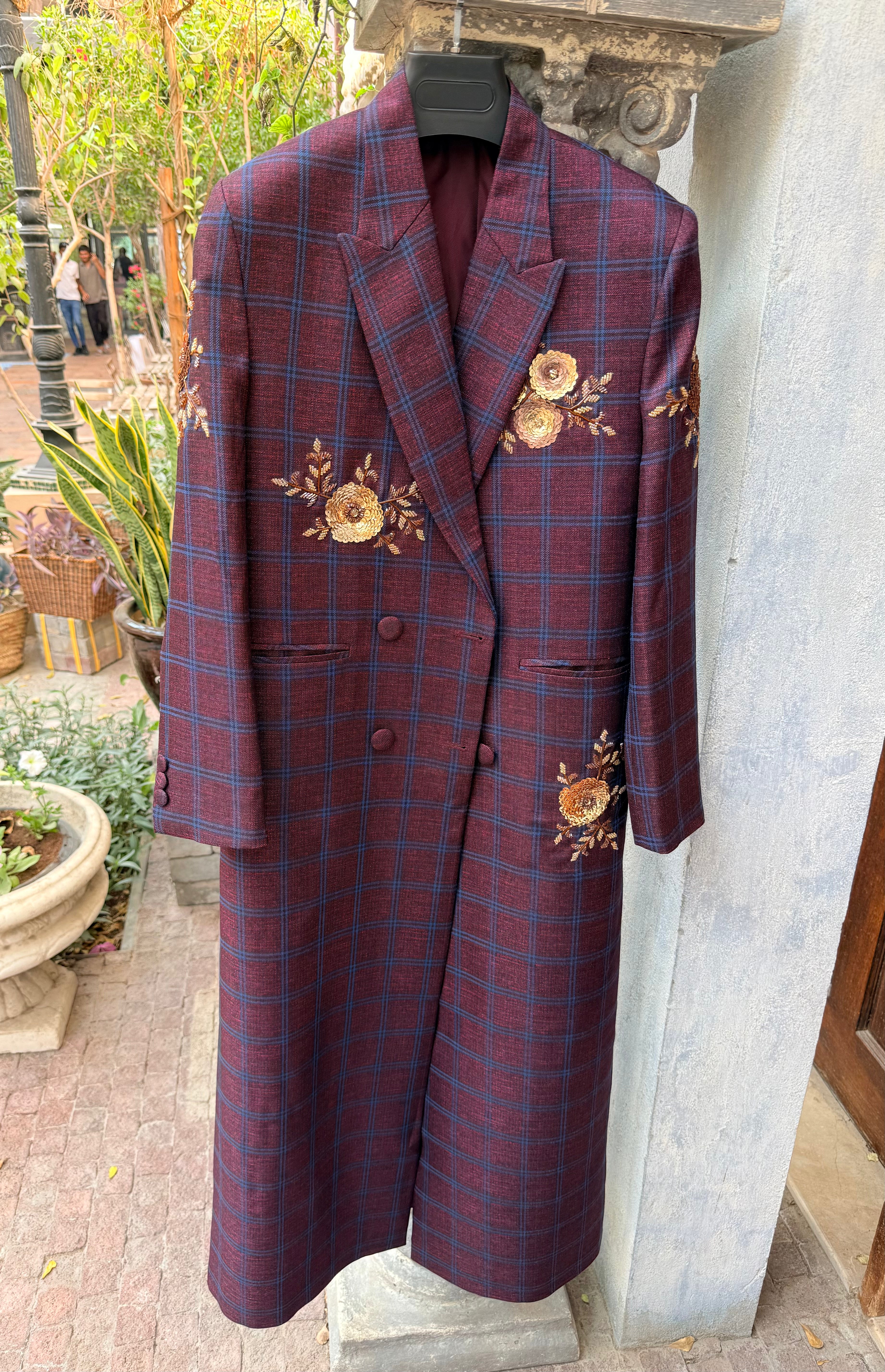 LONG BLAZER COAT MAROON AND BLUE CHECKERED