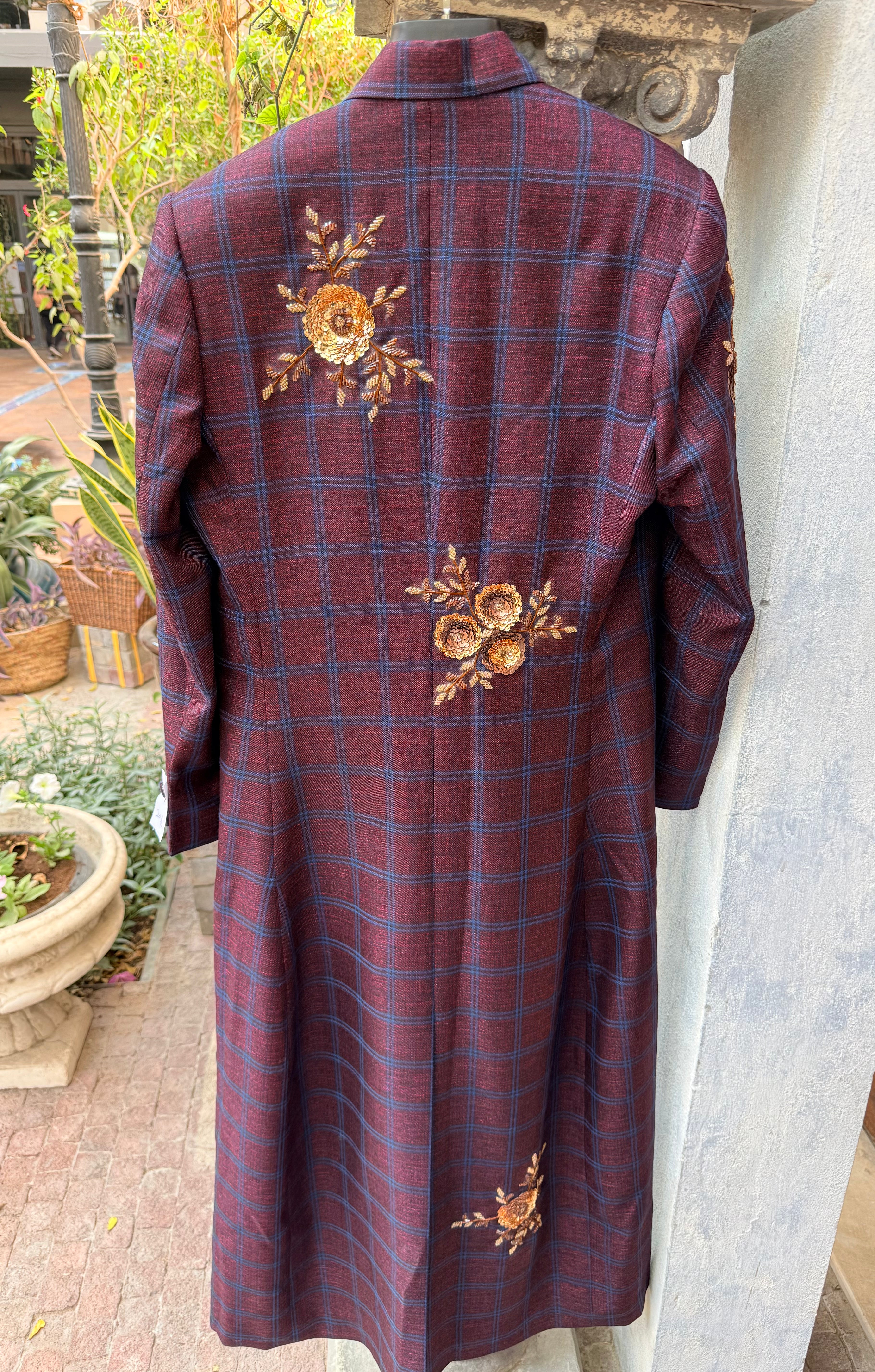 LONG BLAZER COAT MAROON AND BLUE CHECKERED