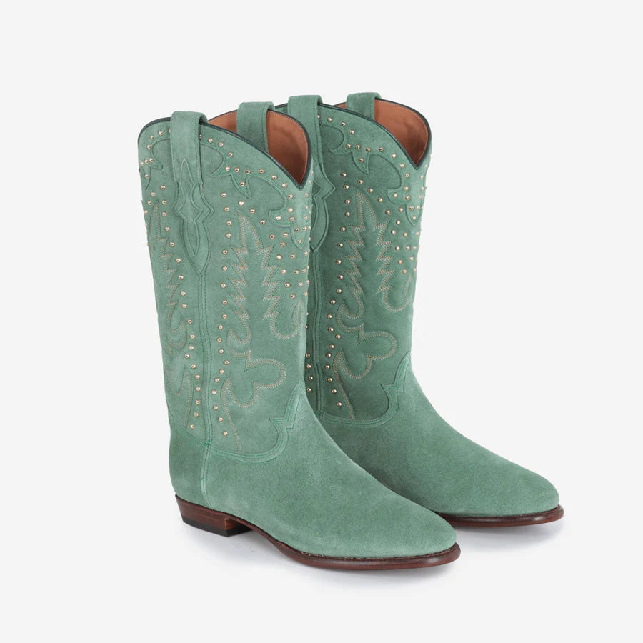 MIDNIGHT SUEDE GREEN STUDS BOOTS