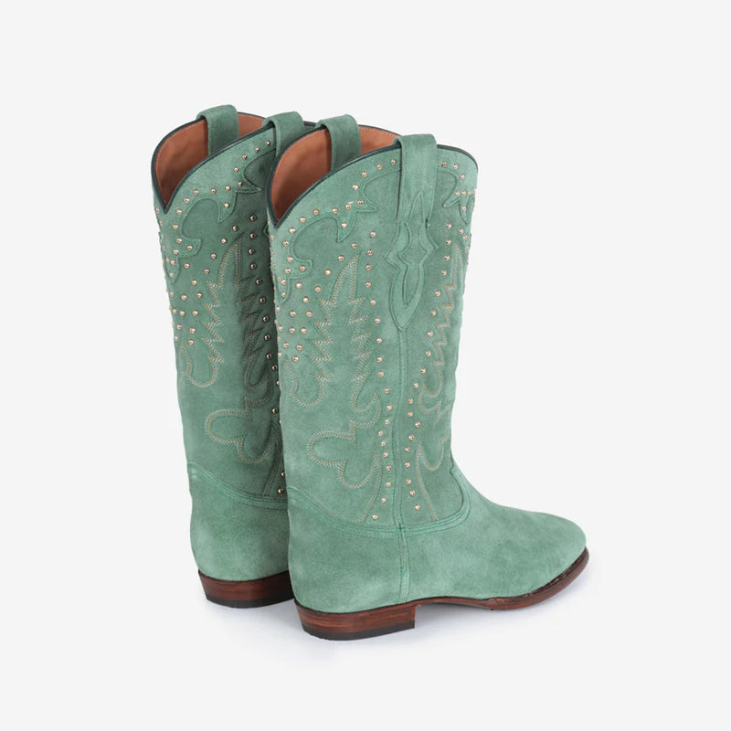 MIDNIGHT SUEDE GREEN STUDS BOOTS