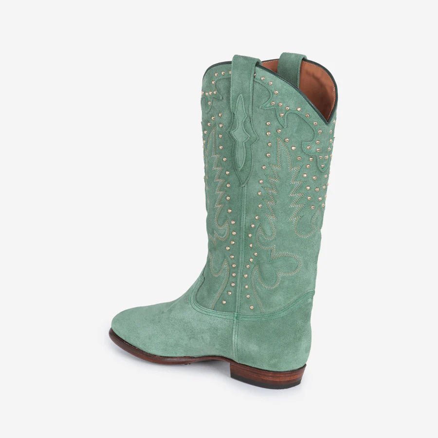 MIDNIGHT SUEDE GREEN STUDS BOOTS