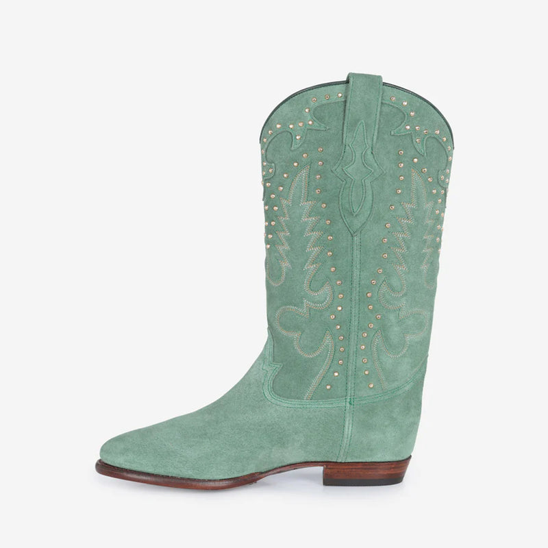 MIDNIGHT SUEDE GREEN STUDS BOOTS