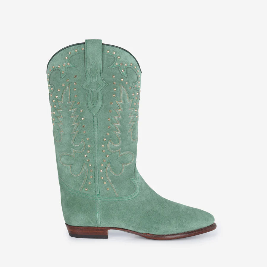 MIDNIGHT SUEDE GREEN STUDS BOOTS