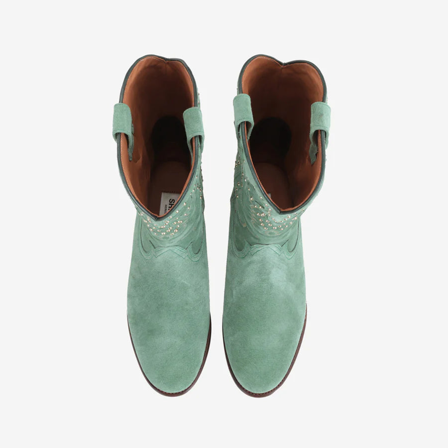 MIDNIGHT SUEDE GREEN STUDS BOOTS