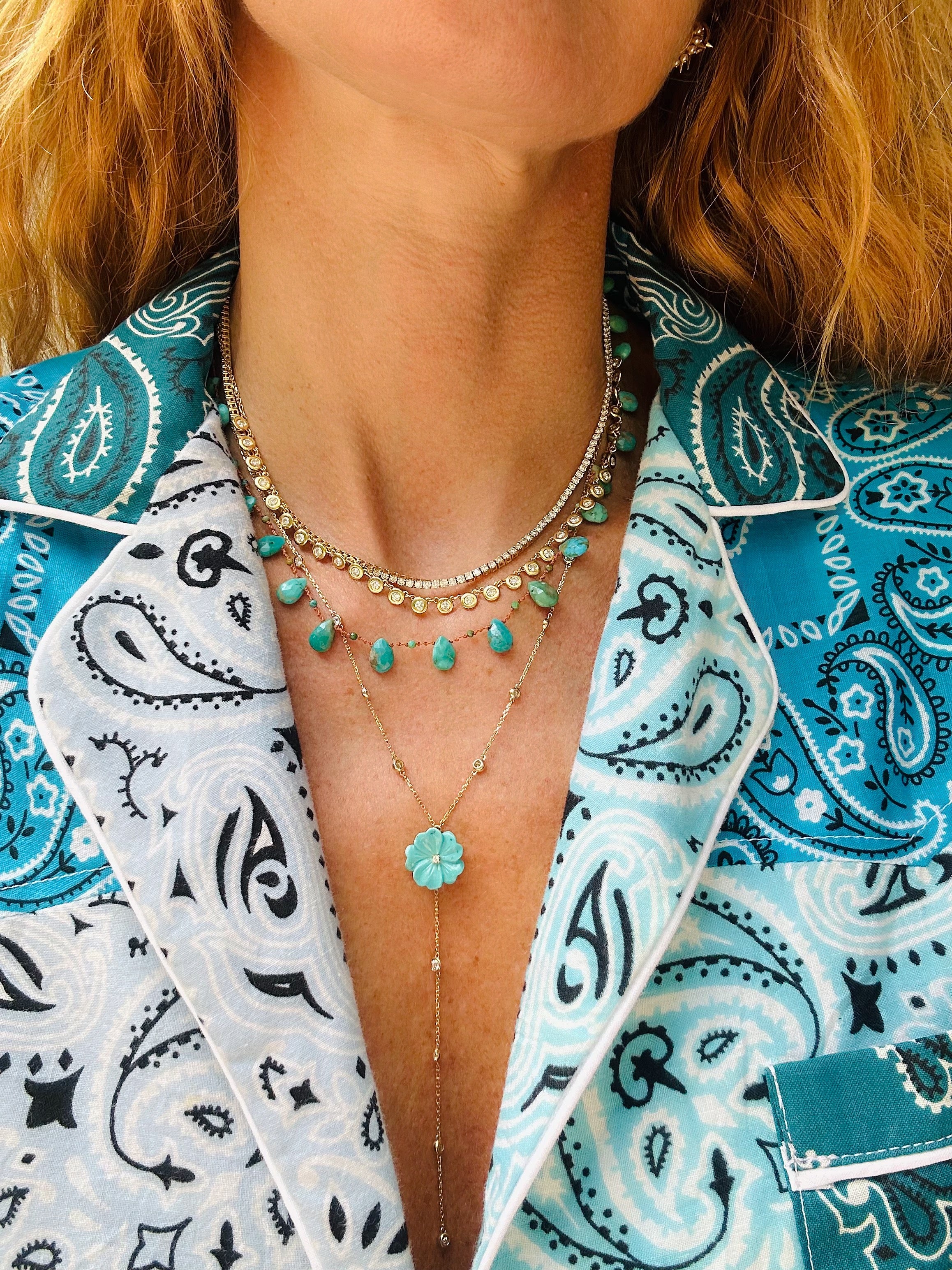TURQUOISE FLOWER & DIAMONDS LARIAT NECKLACE