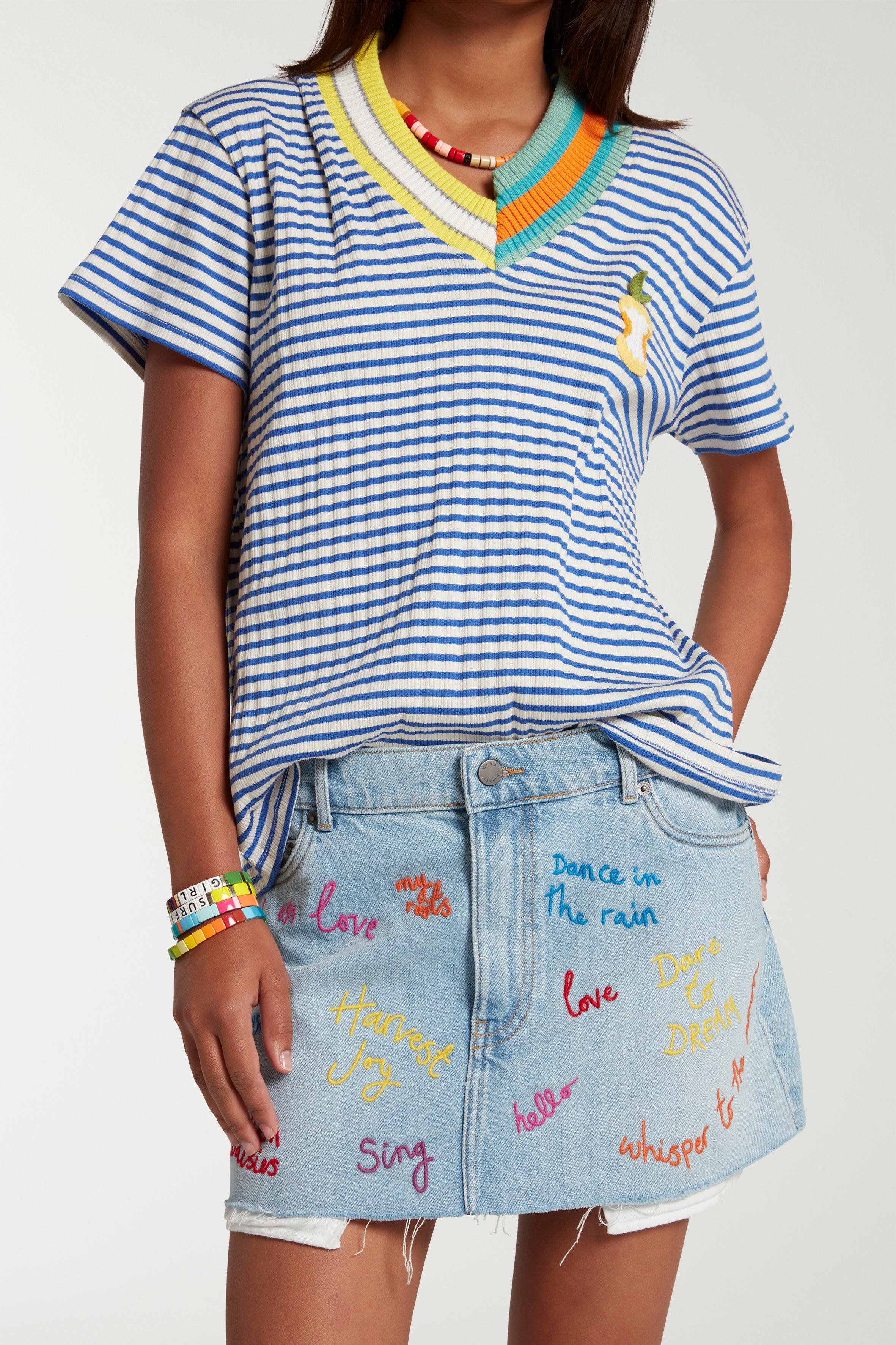 Beaded Word denim Skirt