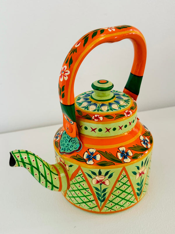 Hand Painted Tea Kettle Orange and Green