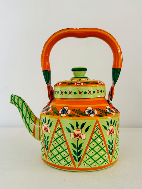 Hand Painted Tea Kettle Orange and Green