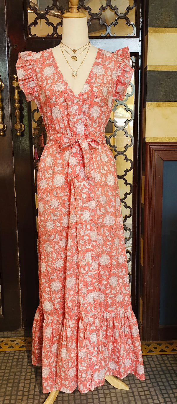 RESORT BLOCK PRINT DRESS - PEACH