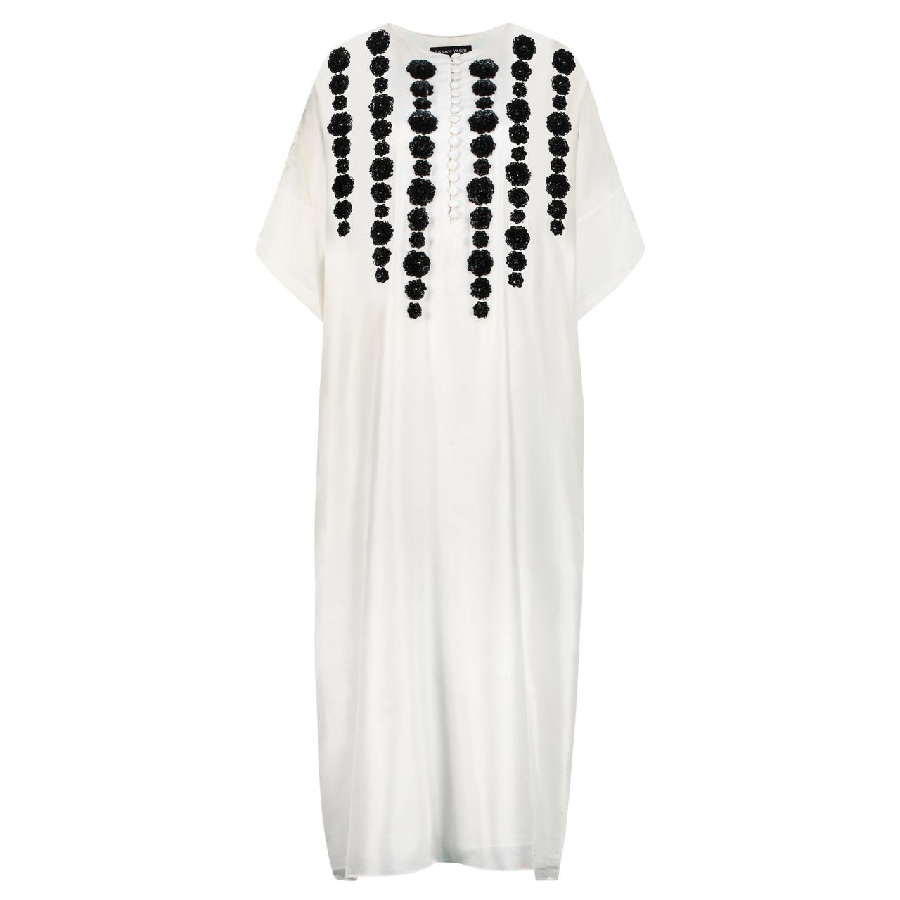 White raw silk with embroidered flowers kaftan