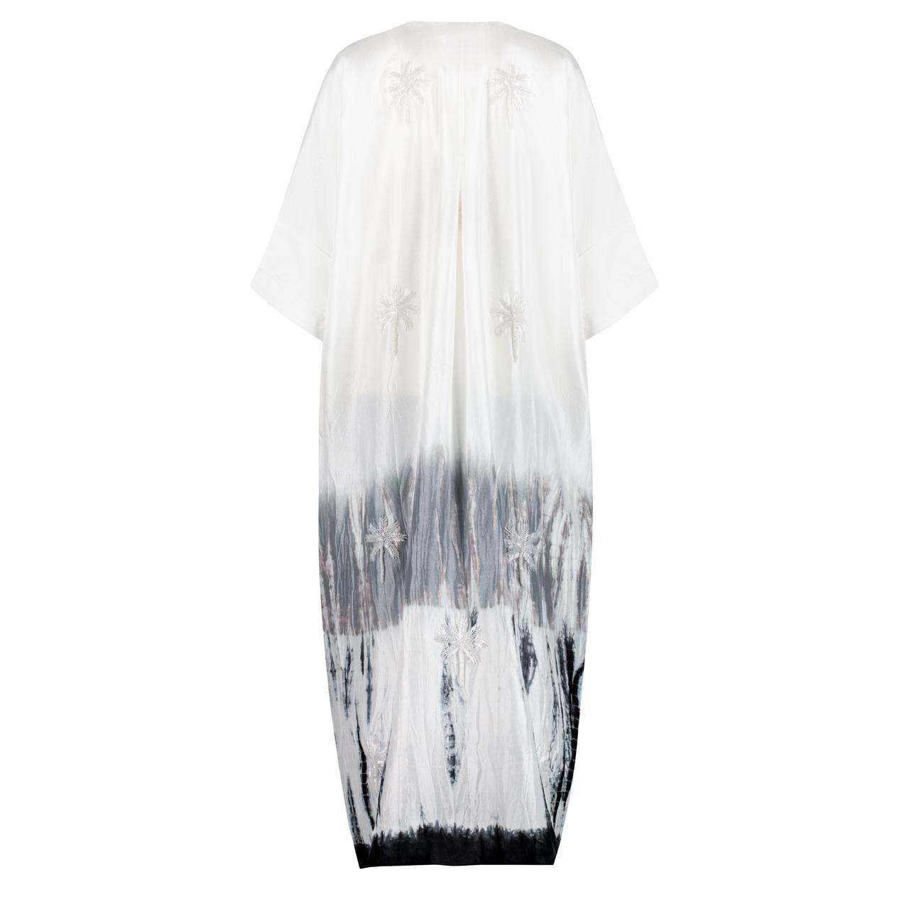 White and grey tie dye  kaftan with tassel palm trees